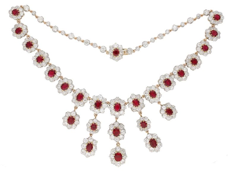 Pigeon's blood Burmese ruby and diamond necklace/tiara. Set to the centre with twenty six oval old cut natural unenhanced Pigeon's blood Burmese rubies in open back claw settings, ranging from largest with a weight of 1.70 carats to smallest with a