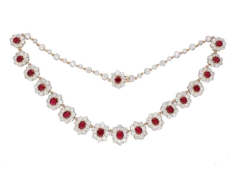 Old European Cut Pigeon's Blood Burmese Ruby and Diamond Necklace/Tiara, circa 1915 For Sale