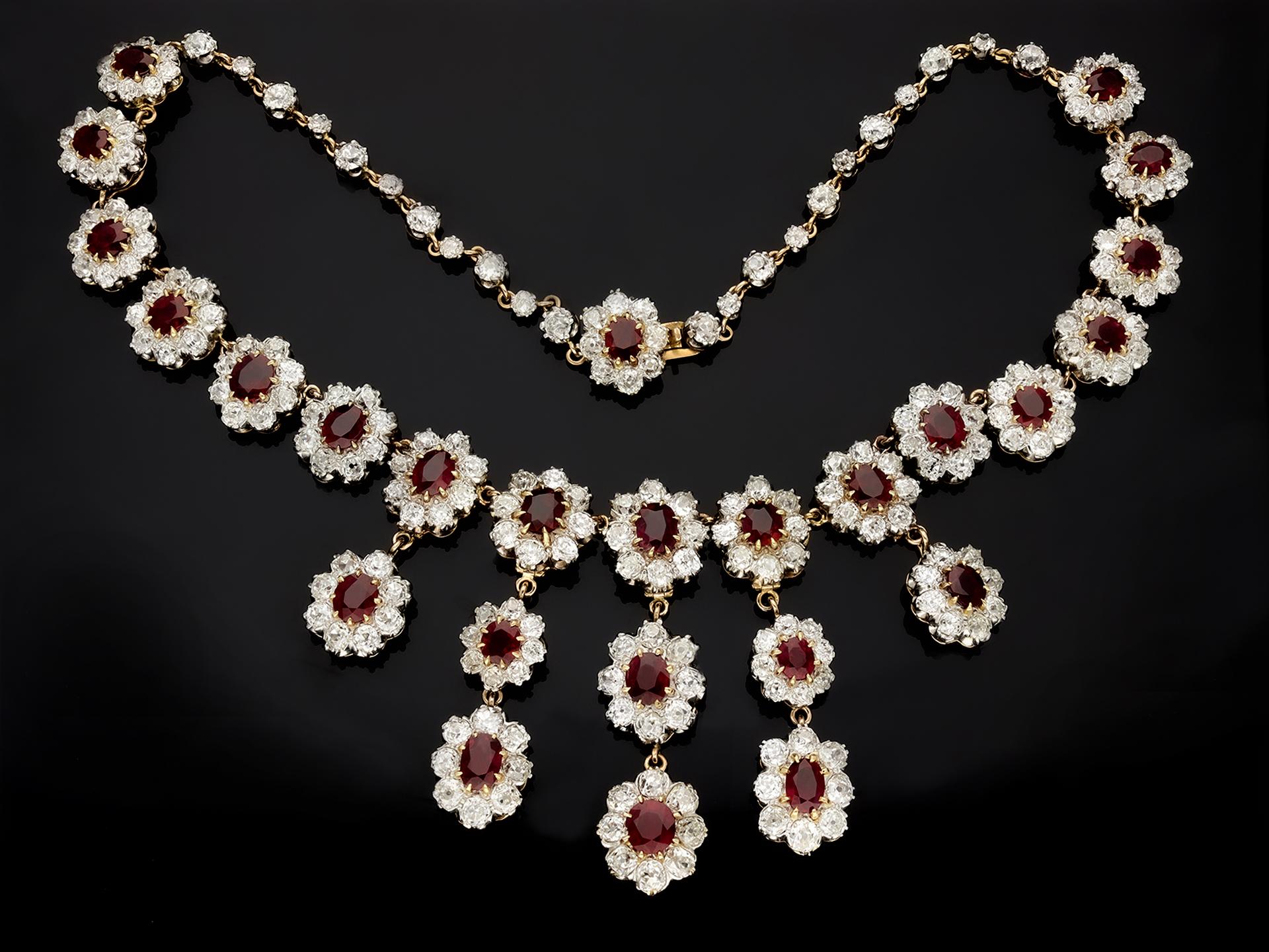 Women's or Men's Pigeon's Blood Burmese Ruby and Diamond Necklace/Tiara, circa 1915 For Sale