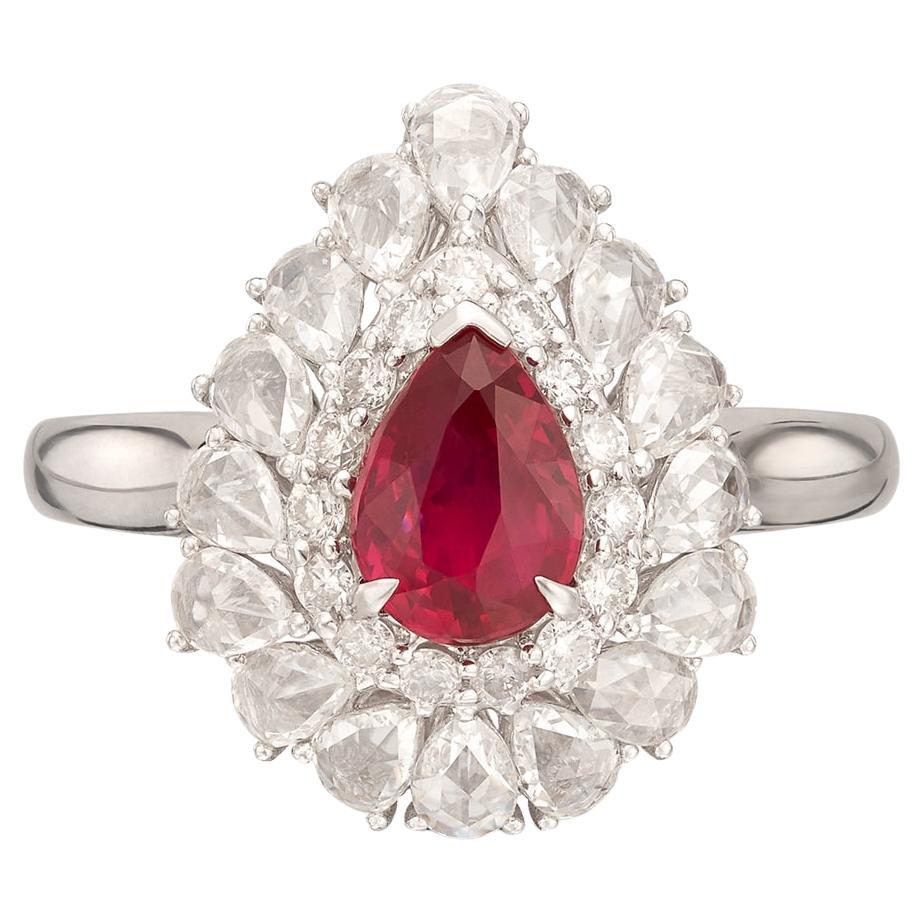 Taubenblut No Heat Rubin Diamant Weißgold Ring im Angebot