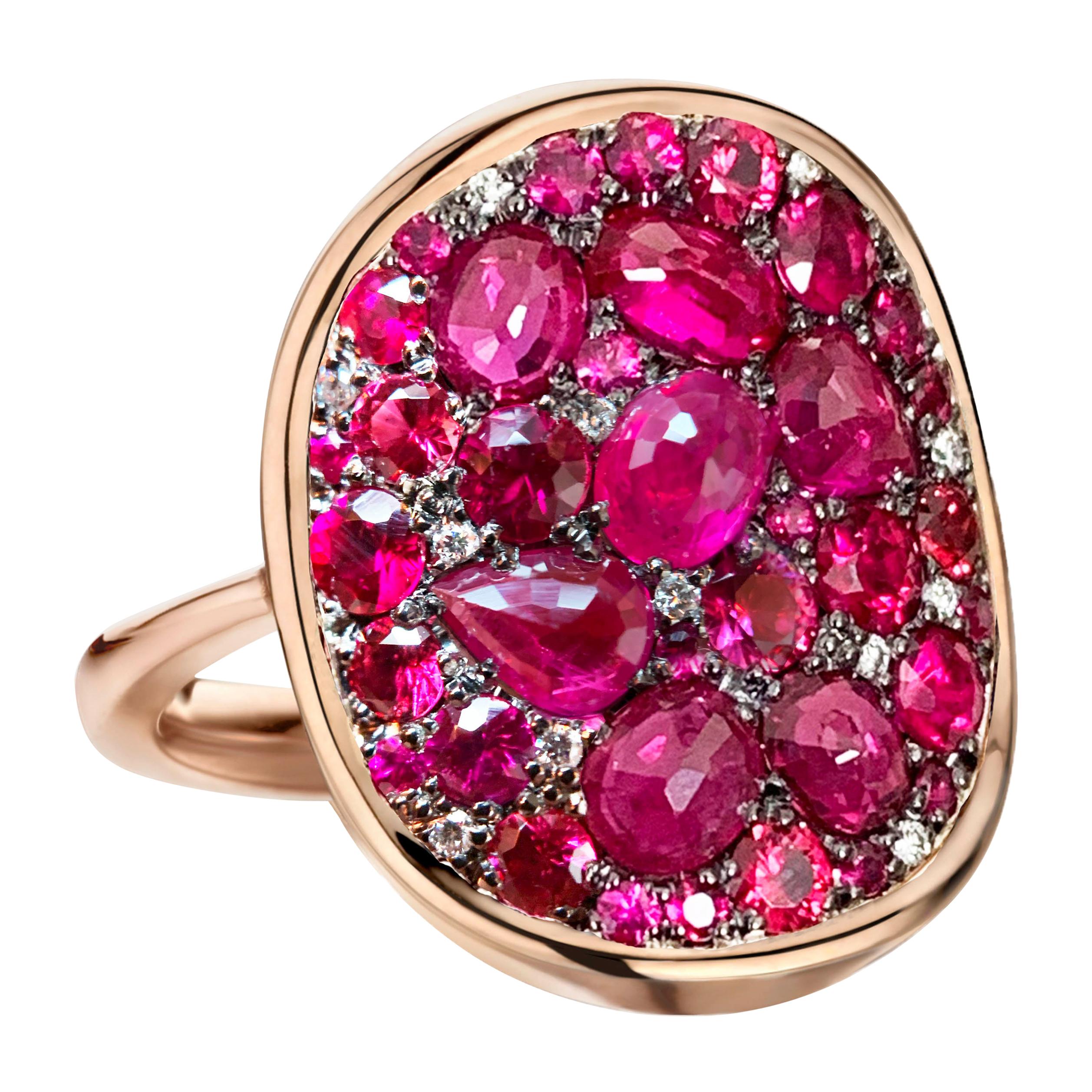 Pigeon's Blood Red Ruby, Red Spinel and Diamond Pave Ring