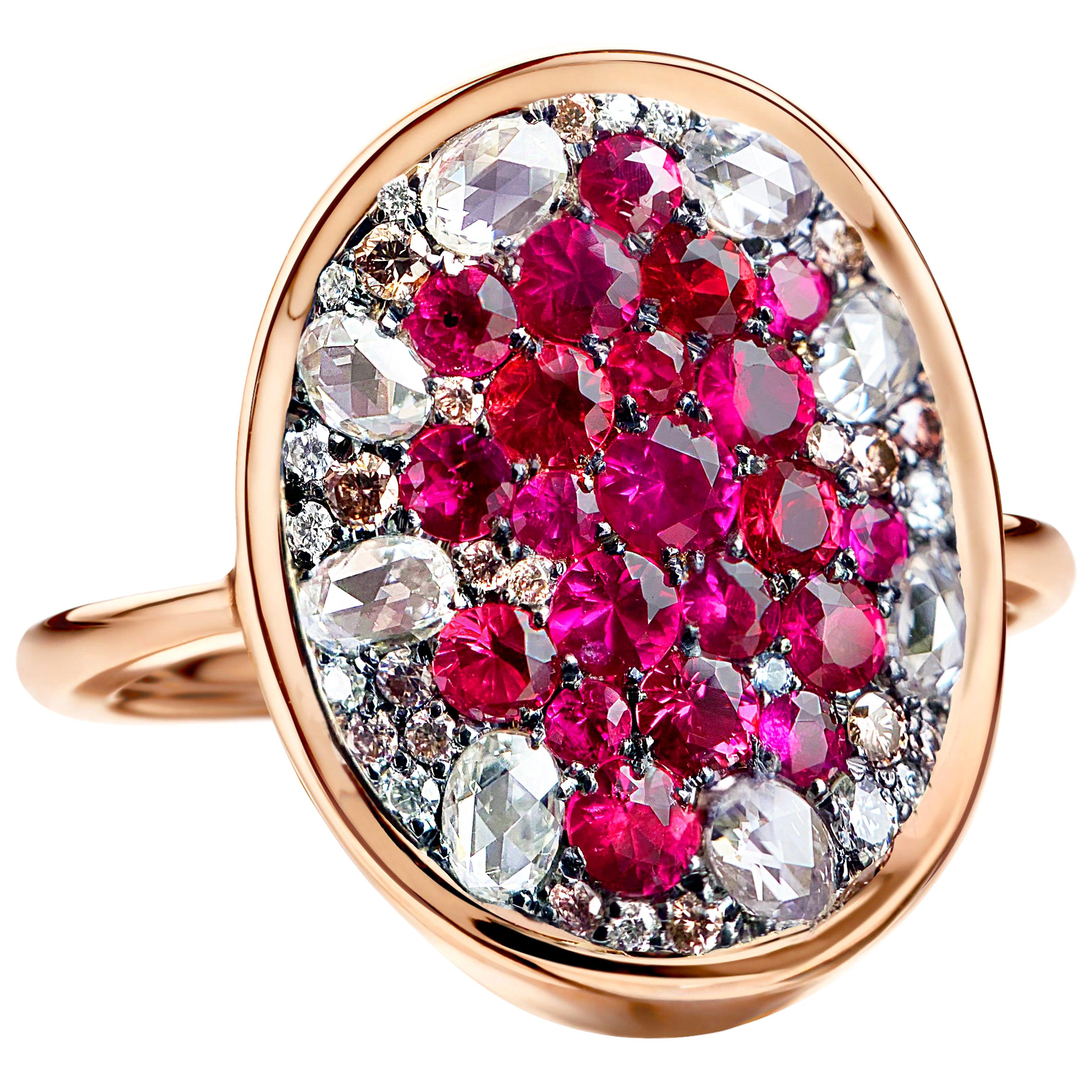Pigeon's Blood Red Ruby Red Spinel, Pink Diamond and White Rose-Cut Diamond Ring