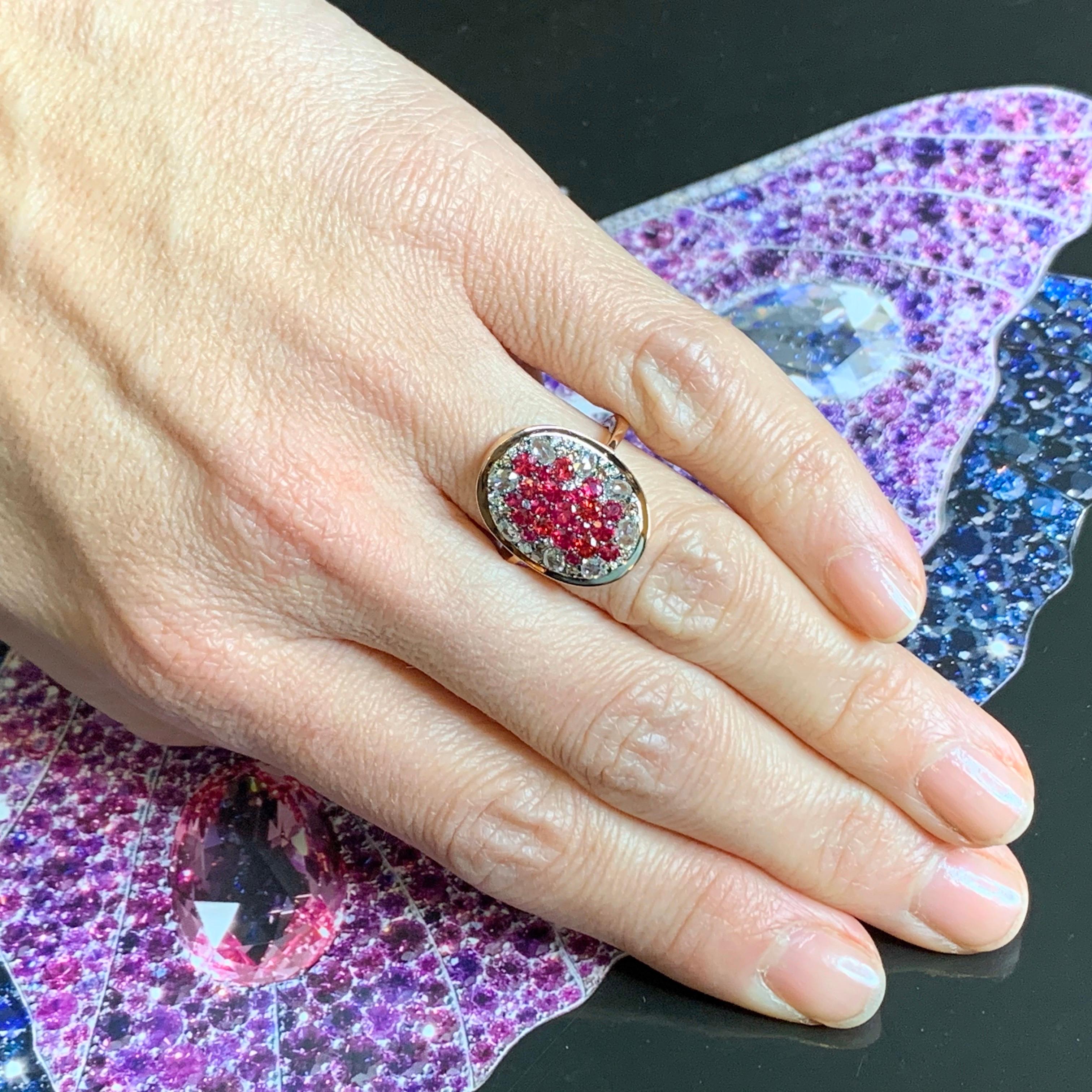 Pigeon's Blood Red Ruby Red Spinel, Pink Diamond and White Rose-Cut Diamond Ring 6