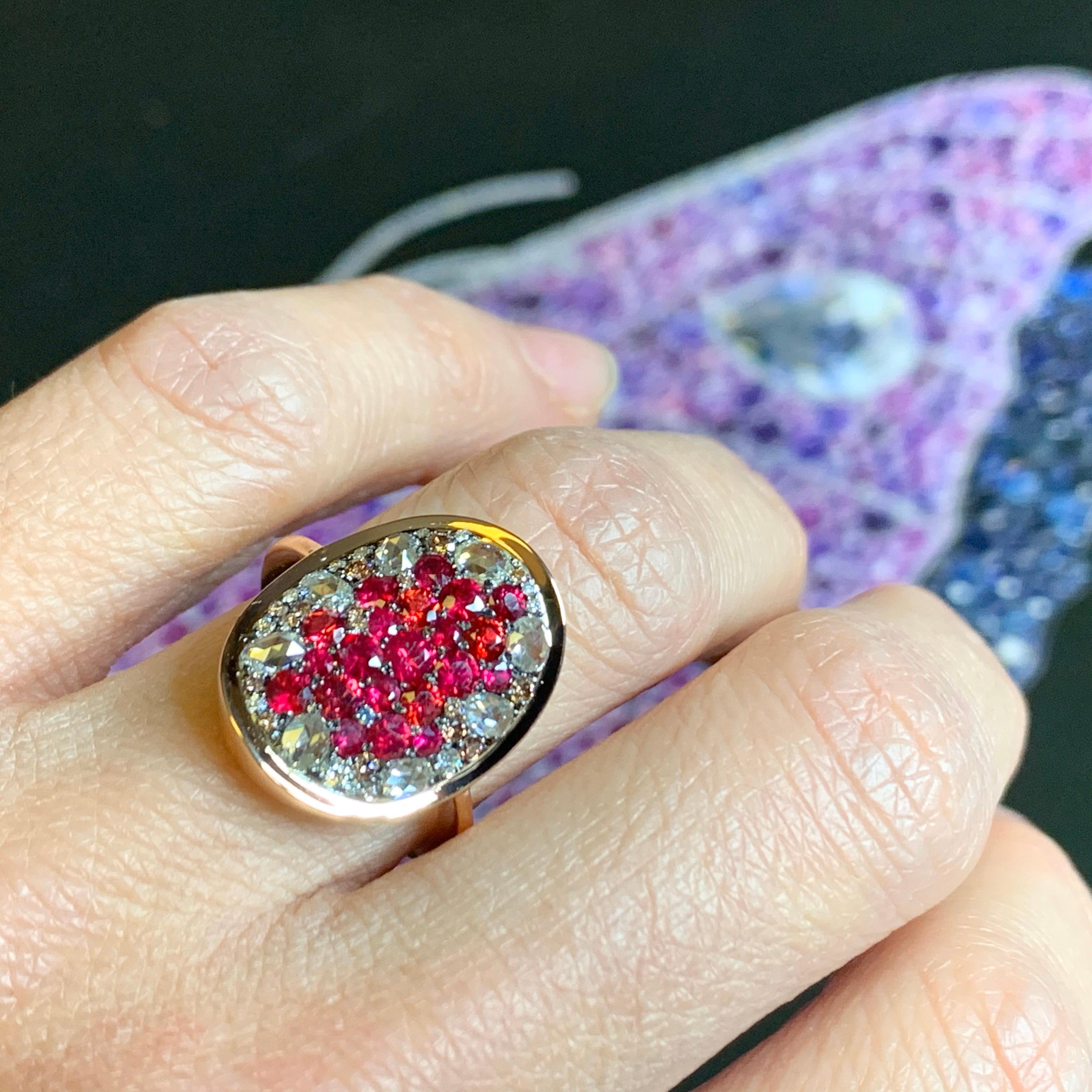 Pigeon's Blood Red Ruby Red Spinel, Pink Diamond and White Rose-Cut Diamond Ring 10