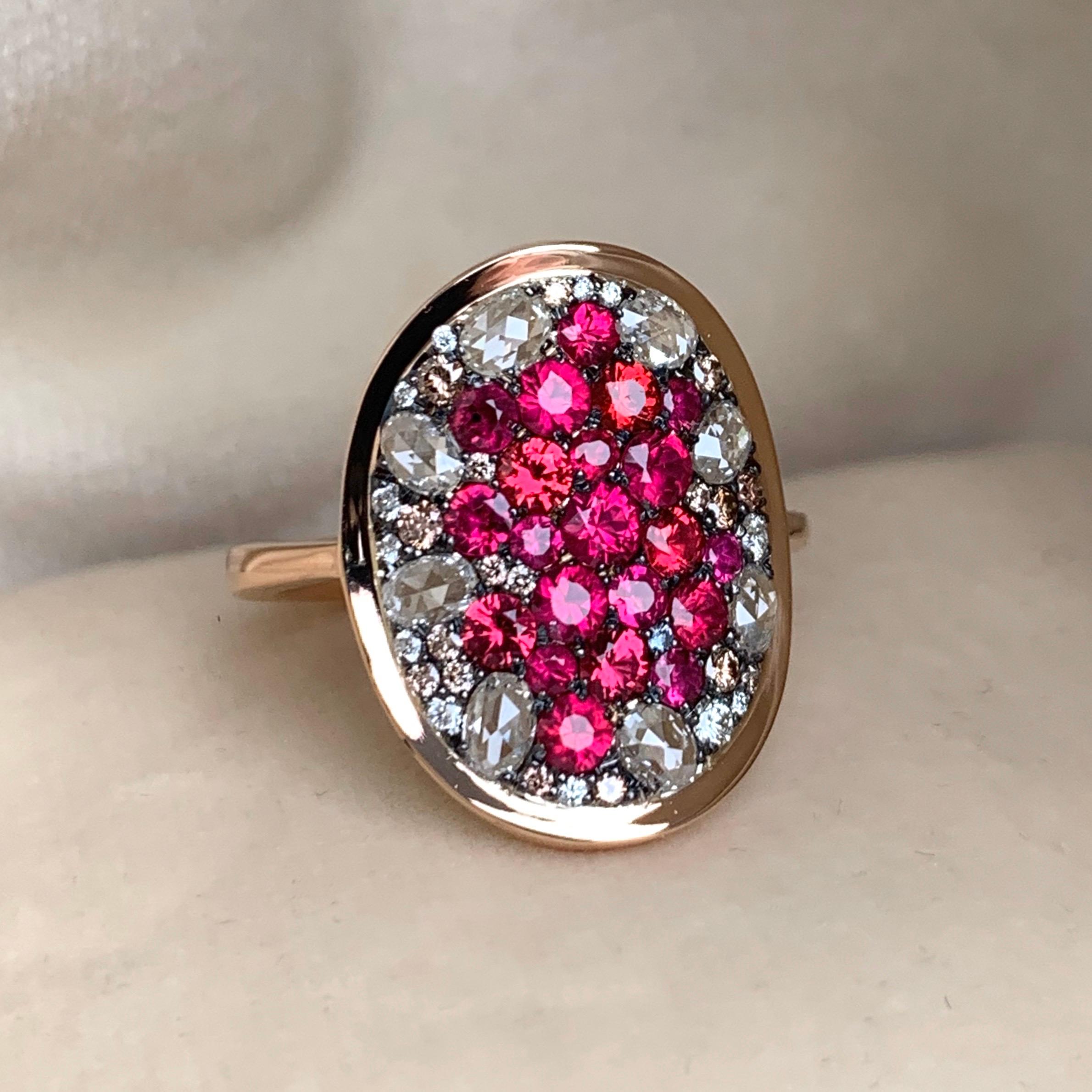 Art Nouveau Pigeon's Blood Red Ruby Red Spinel, Pink Diamond and White Rose-Cut Diamond Ring