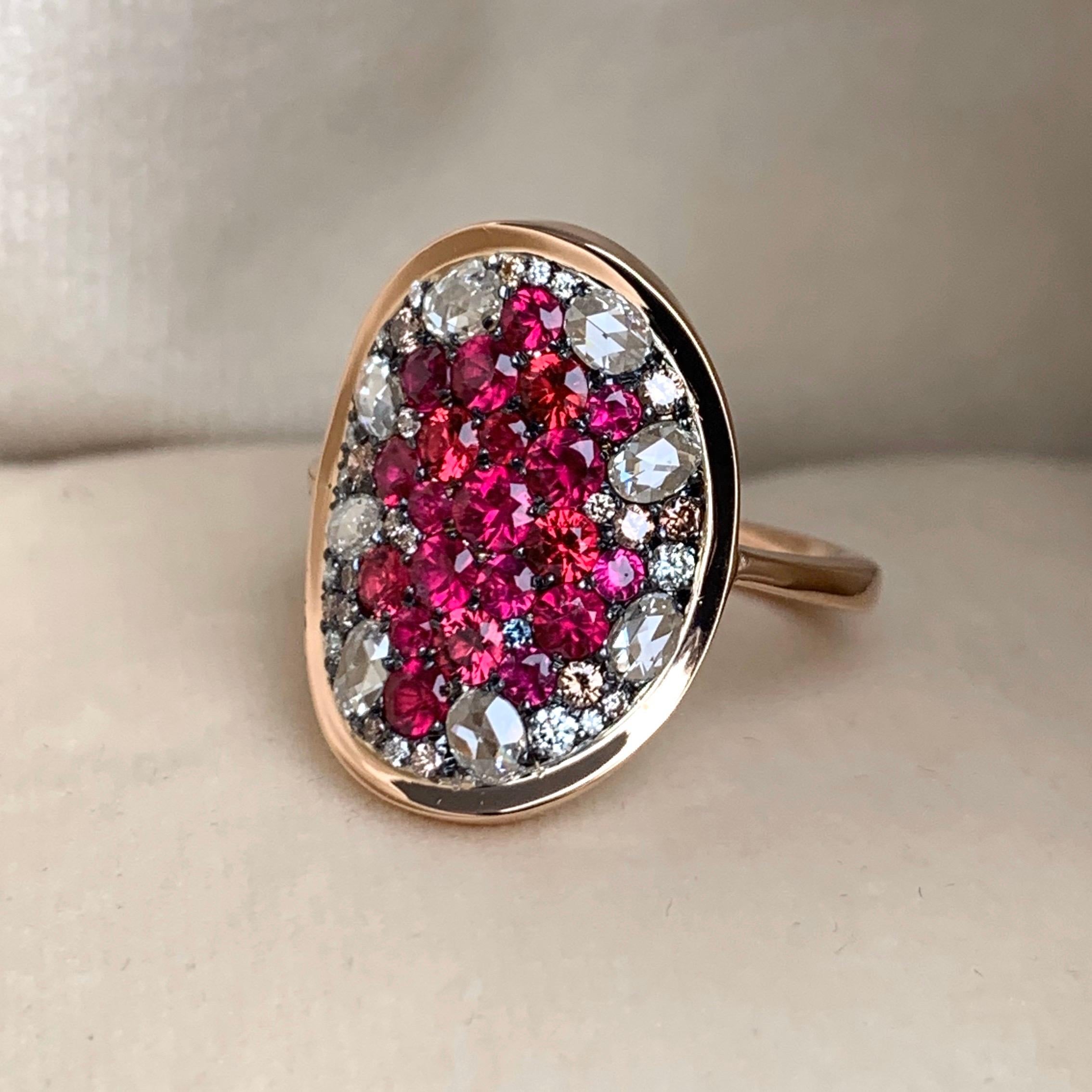 Rose Cut Pigeon's Blood Red Ruby Red Spinel, Pink Diamond and White Rose-Cut Diamond Ring