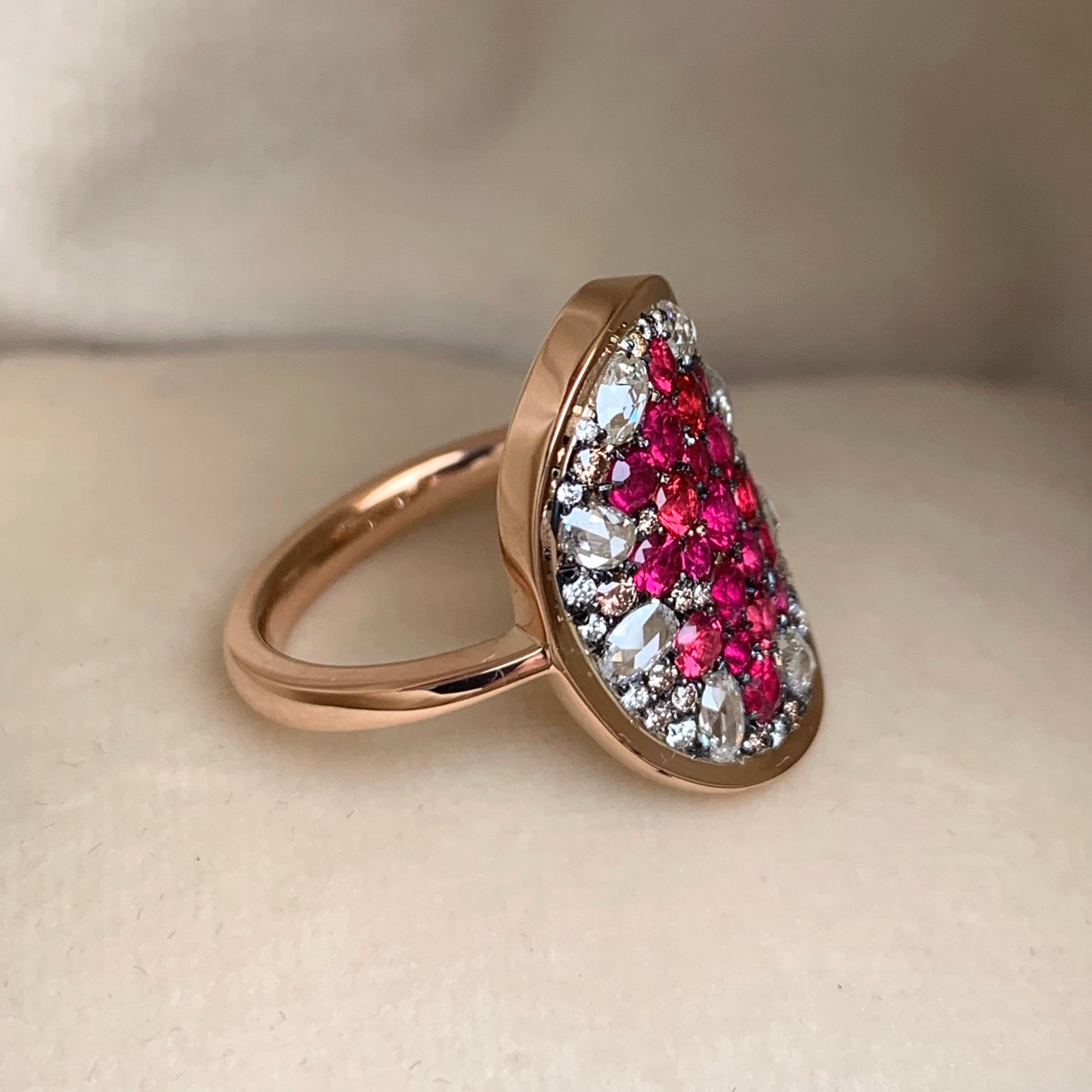 Women's Pigeon's Blood Red Ruby Red Spinel, Pink Diamond and White Rose-Cut Diamond Ring