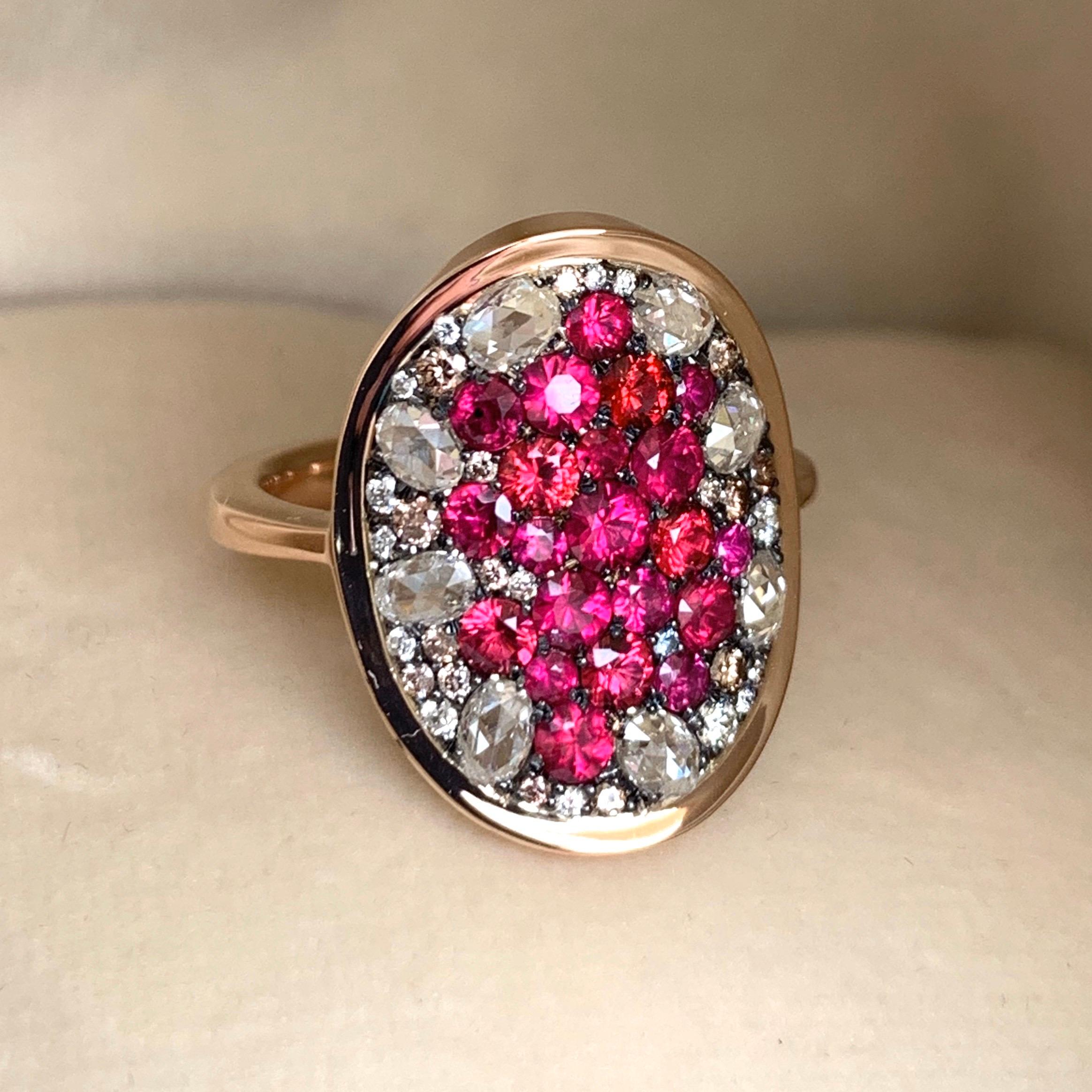 Pigeon's Blood Red Ruby Red Spinel, Pink Diamond and White Rose-Cut Diamond Ring 1