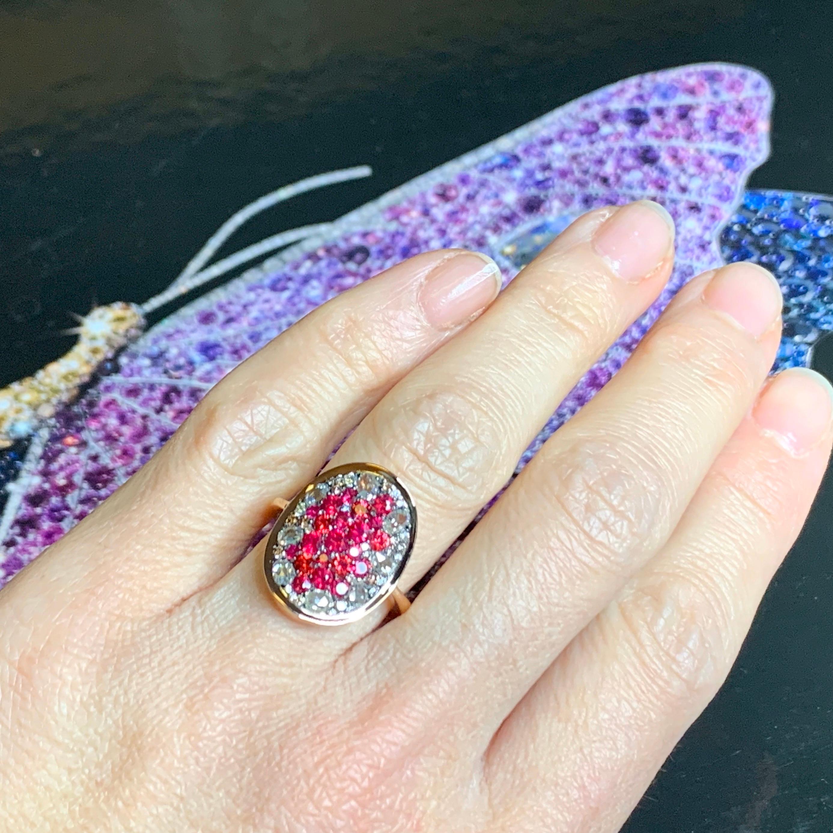 Pigeon's Blood Red Ruby Red Spinel, Pink Diamond and White Rose-Cut Diamond Ring 2