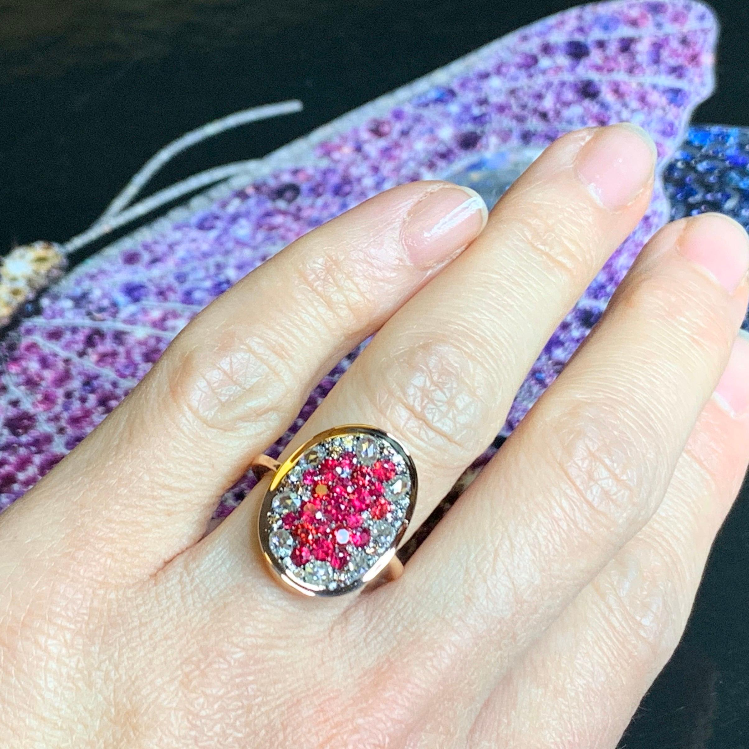 Pigeon's Blood Red Ruby Red Spinel, Pink Diamond and White Rose-Cut Diamond Ring 3