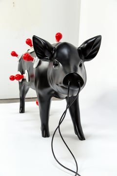 Life Sized Black Pig 13-socket Floor Lamp by Artist Charles Linder