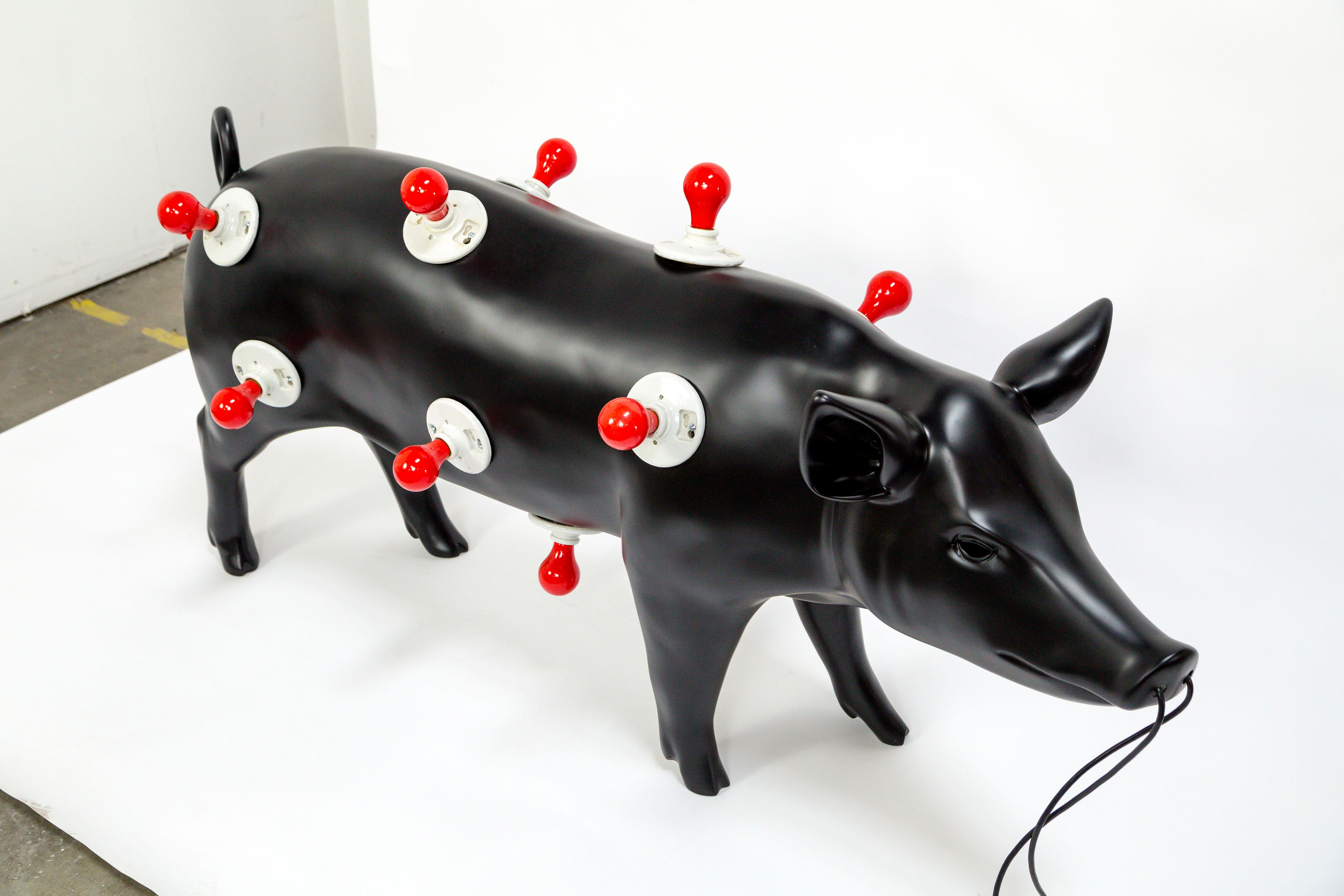 Post-Modern Life Sized Black Pig 13-socket Floor Lamp by Artist Charles Linder