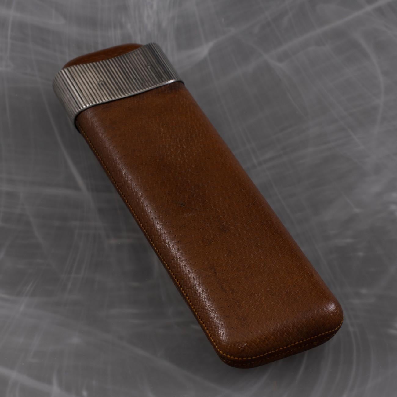 British Pigskin Cigar Case with Sterling Silver Collar, Hallmarked London, 1908