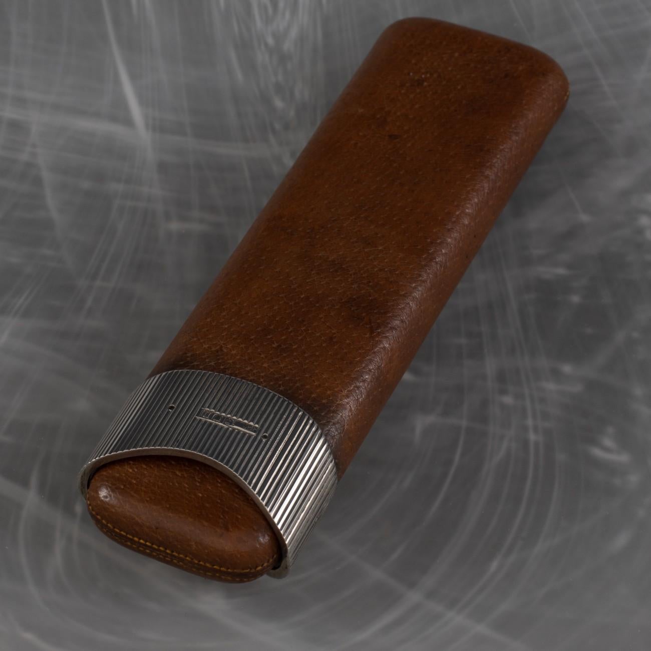 Early 20th Century Pigskin Cigar Case with Sterling Silver Collar, Hallmarked London, 1908