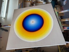 Helios Blues - Pintura al óleo geométrica de tradición Op Art y Hard-Edge