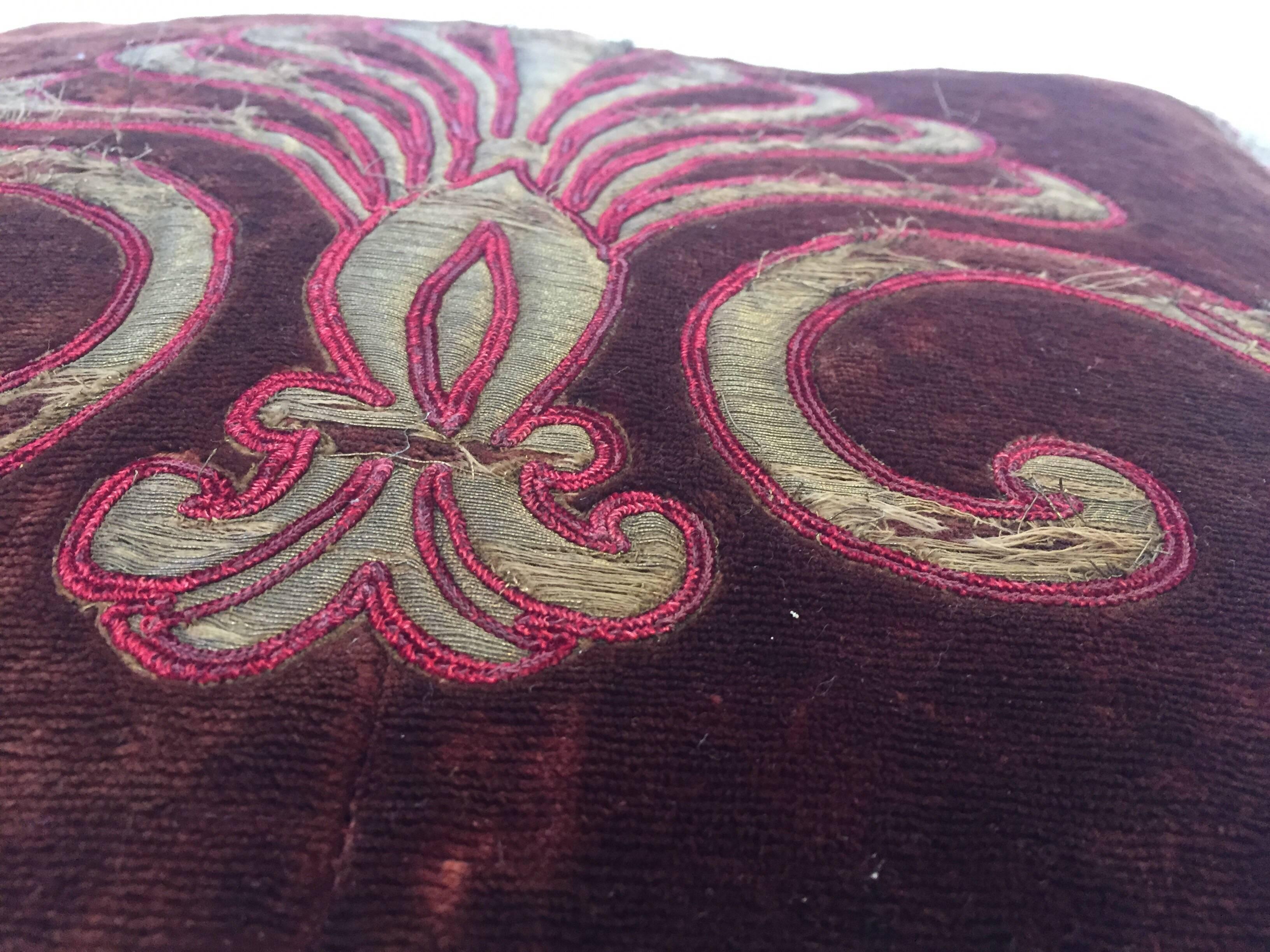 Embroidered 19th Century Silk Velvet Antique Textile Fragment Framed into a Pillow