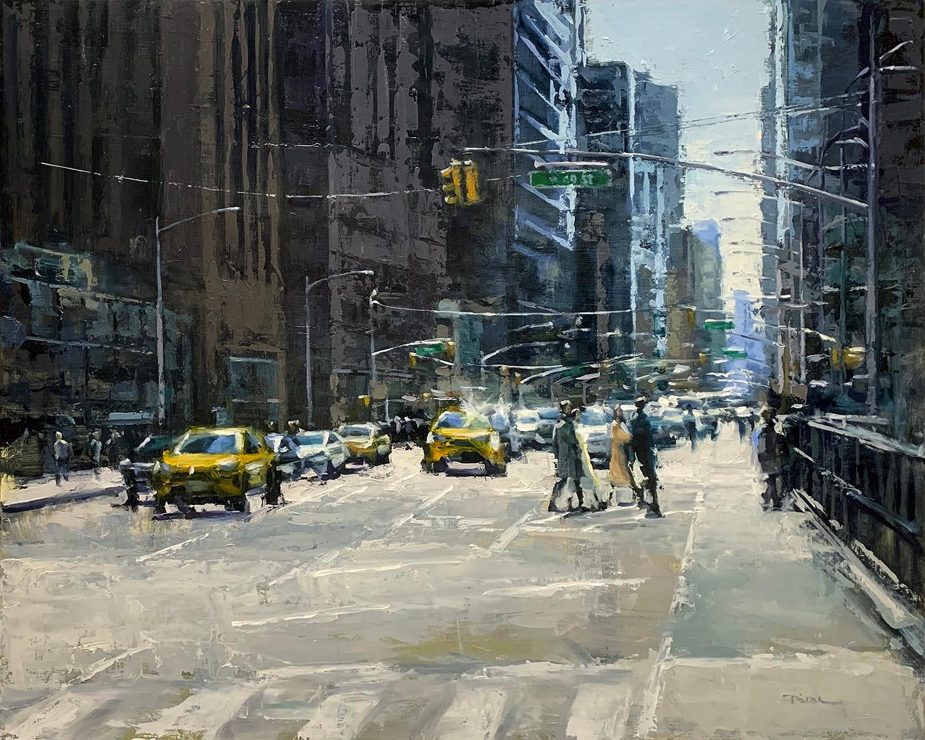 Landscape Painting Pil Ho Lee - "6ème Avenue"  Scène impressionniste contemporaine de la ville de New York