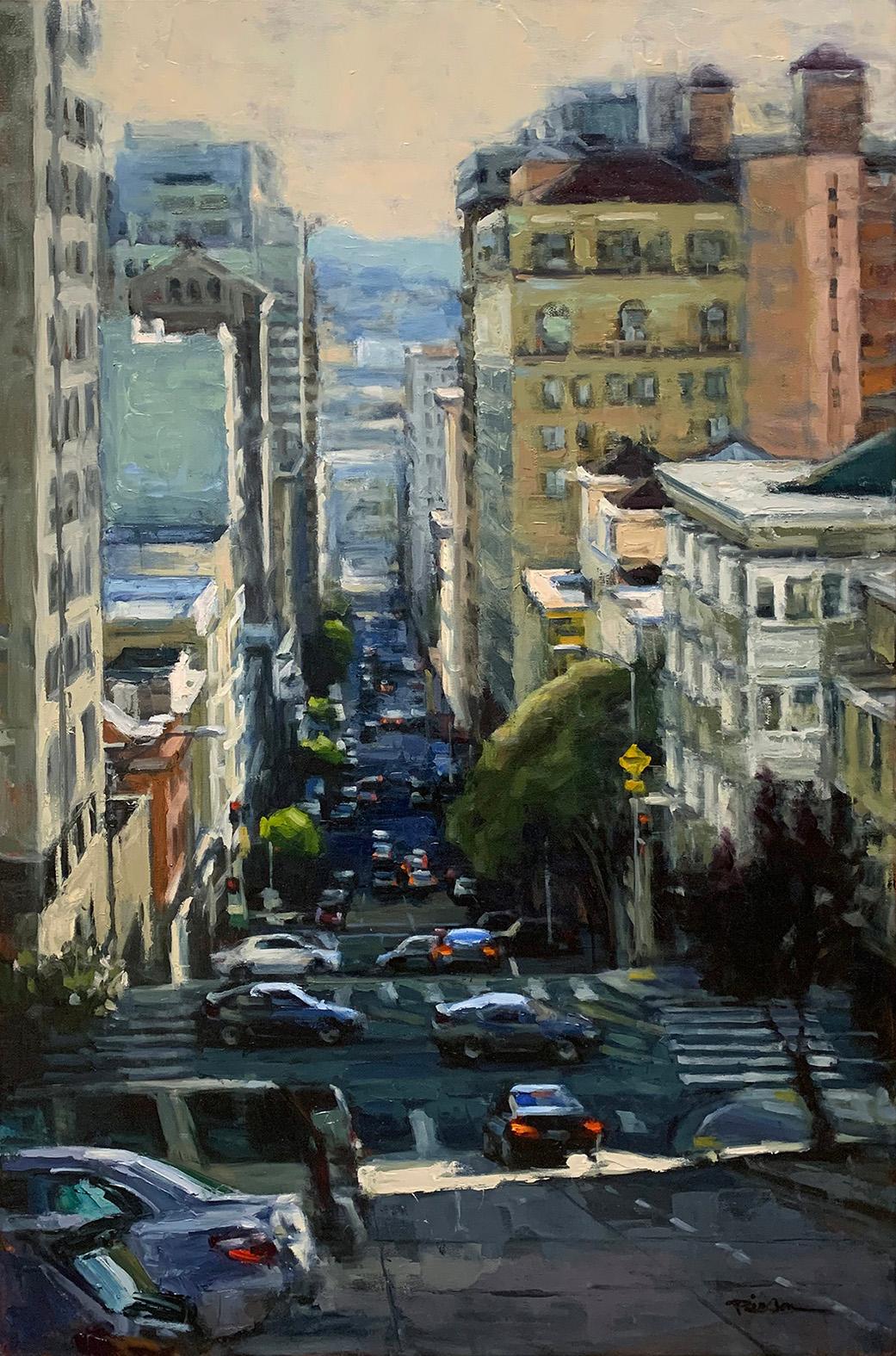 Pil Ho Lee Landscape Painting - "Afternoon Highlights" Colorful Street Scene of San Francisco