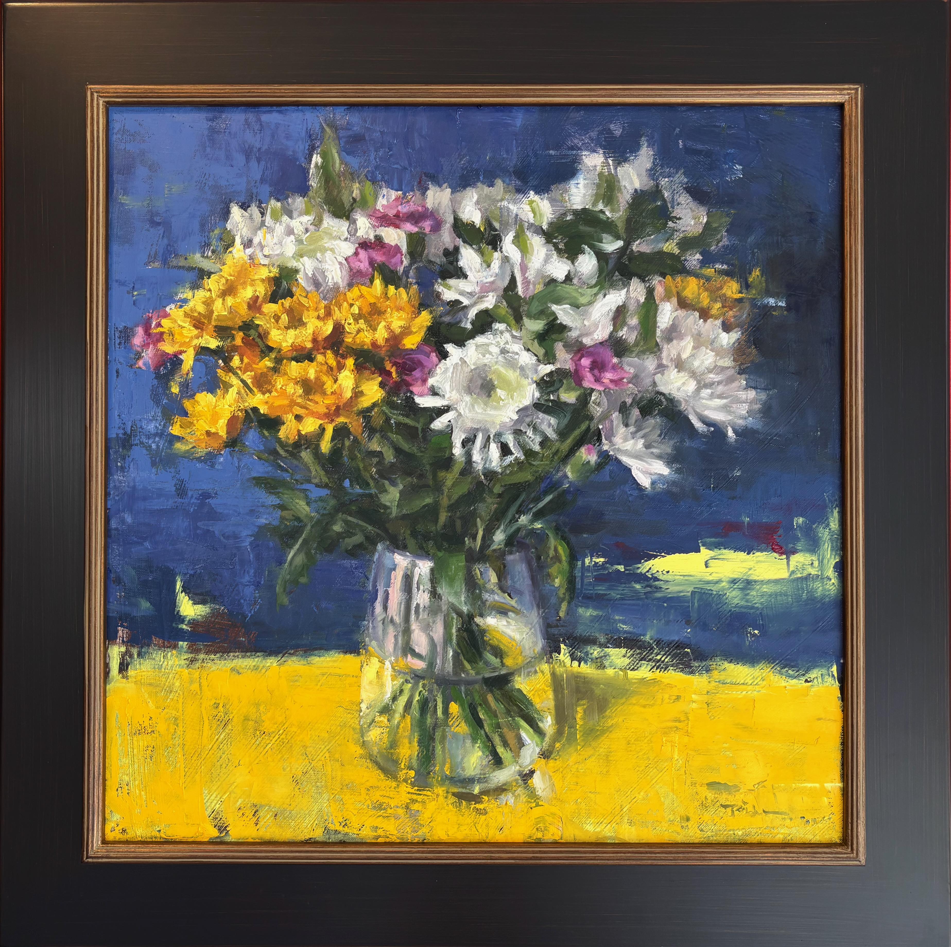 „Arrangement with Chrysantheme“ Bunte moderne impressionistische Blumengemälde (Grau), Still-Life Painting, von Pil Ho Lee