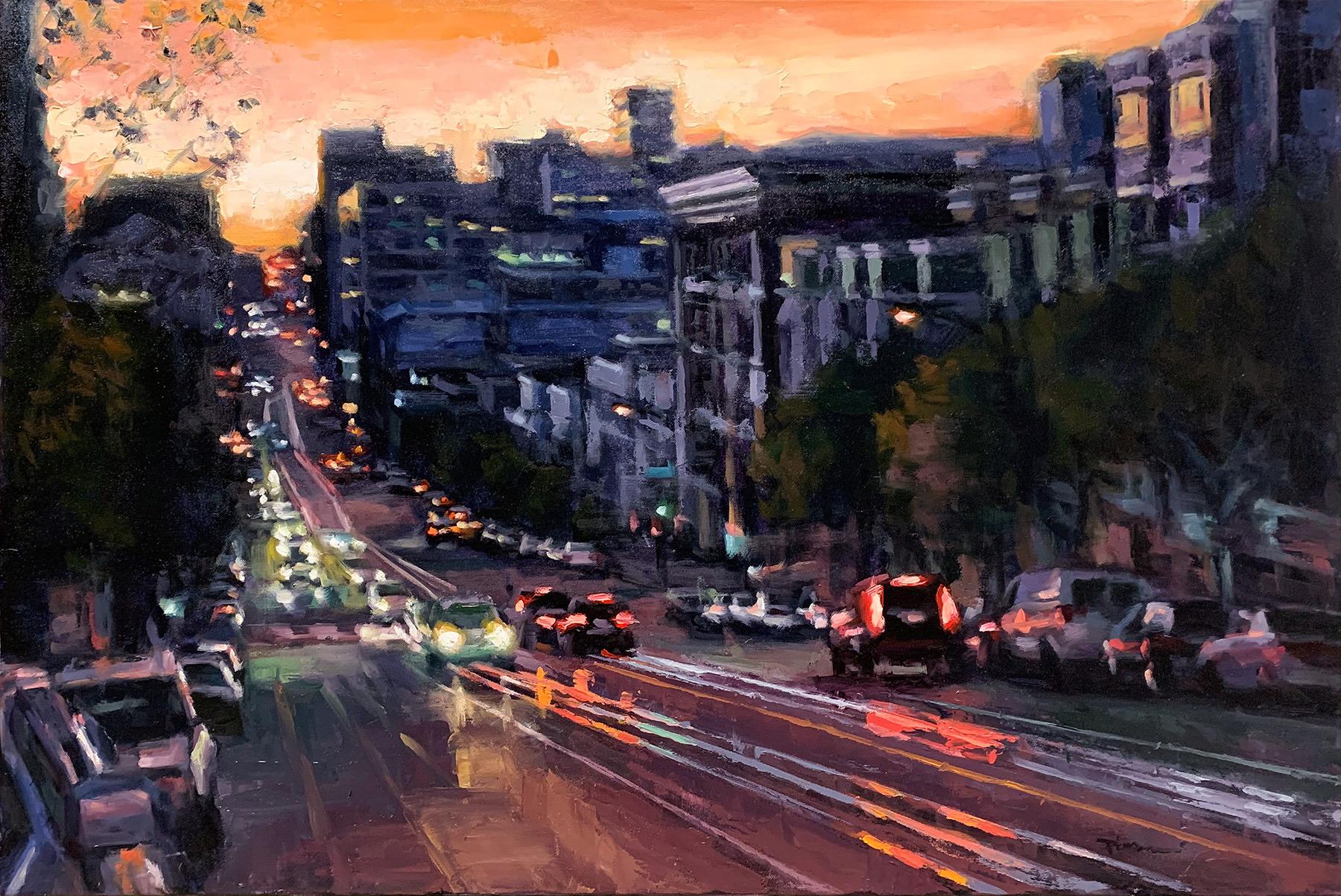 Pil Ho Lee Landscape Painting - "California Street" Contemporary Impressionist Scene of San Francisco