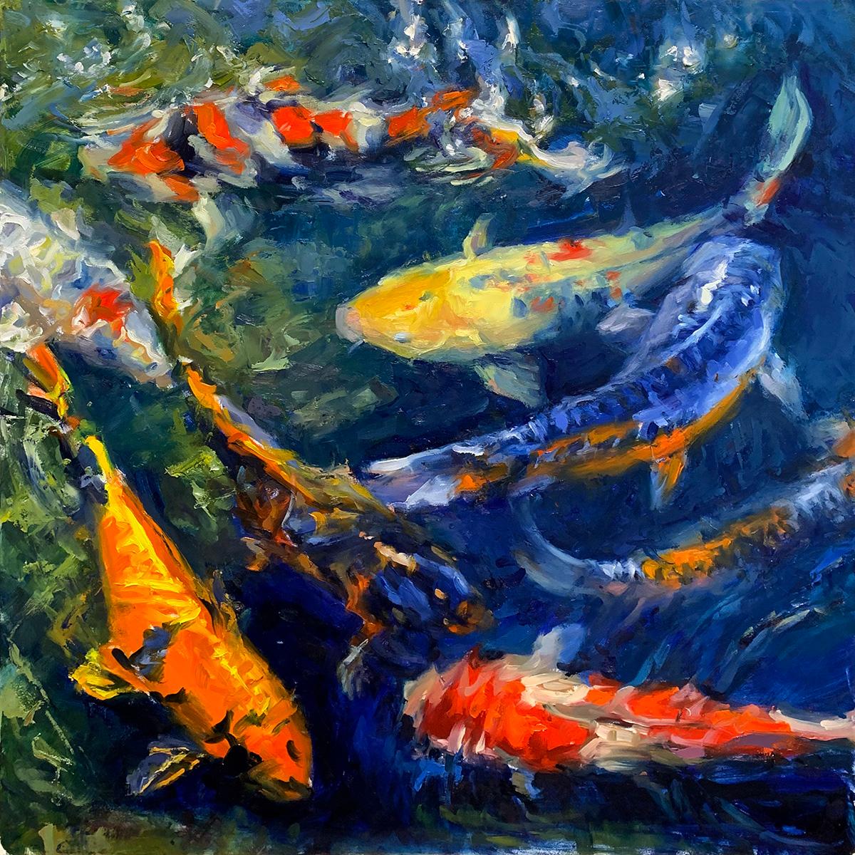Pil Ho Lee Still-Life Painting - "Koi Pond" Colorful Koi Pond Contemporary Impressionist