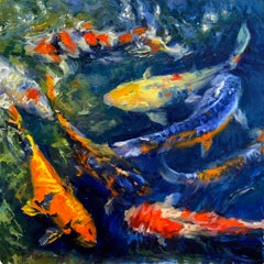 "KOI Pond" Étang de Koi coloré Contemporain Impressionniste