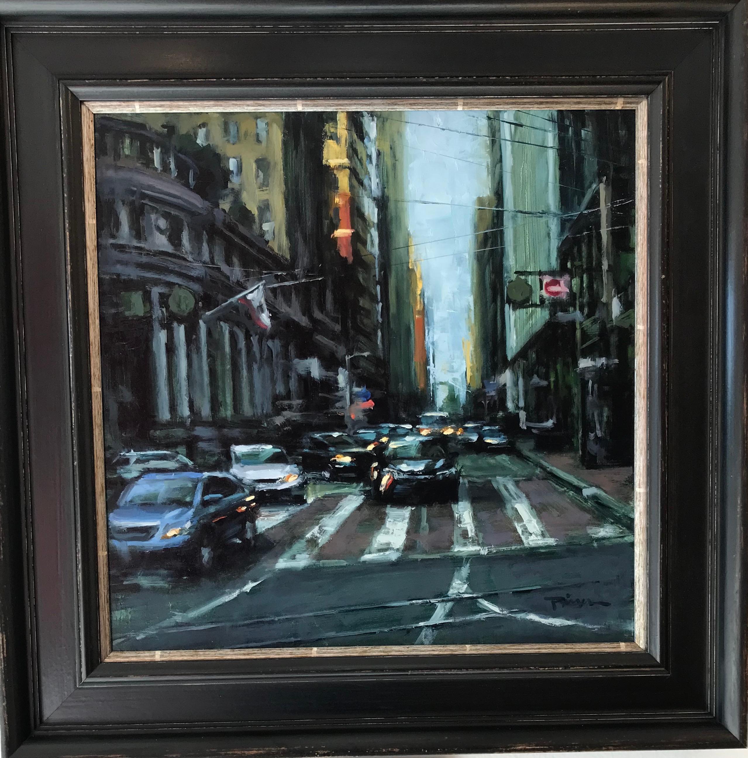 « Montgomery Street » - Scène impressionniste contemporaine de San Francisco - Painting de Pil Ho Lee