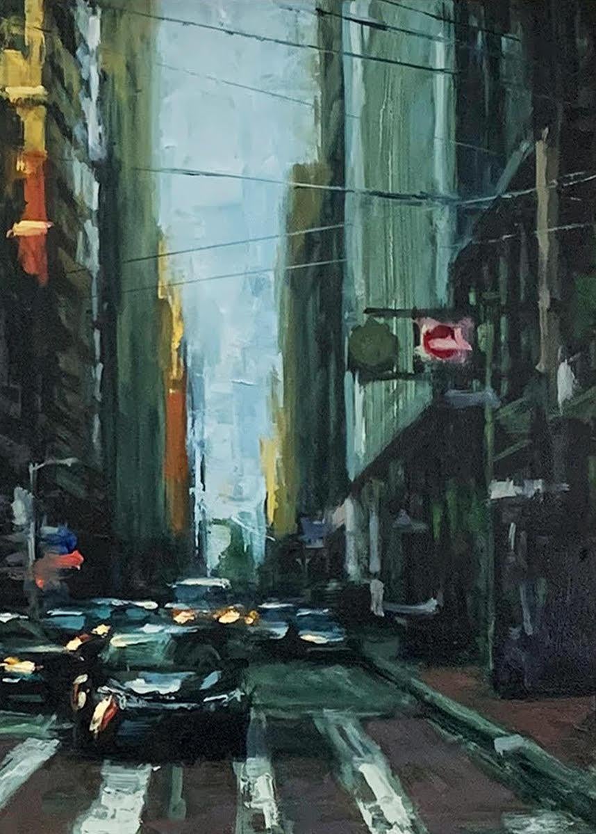 « Montgomery Street » - Scène impressionniste contemporaine de San Francisco - Impressionnisme Painting par Pil Ho Lee