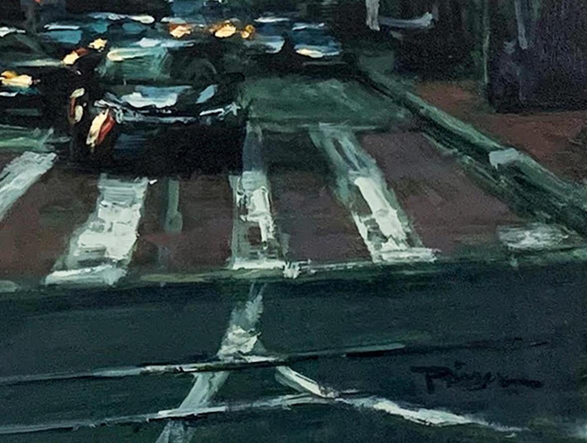 « Montgomery Street » - Scène impressionniste contemporaine de San Francisco - Noir Landscape Painting par Pil Ho Lee