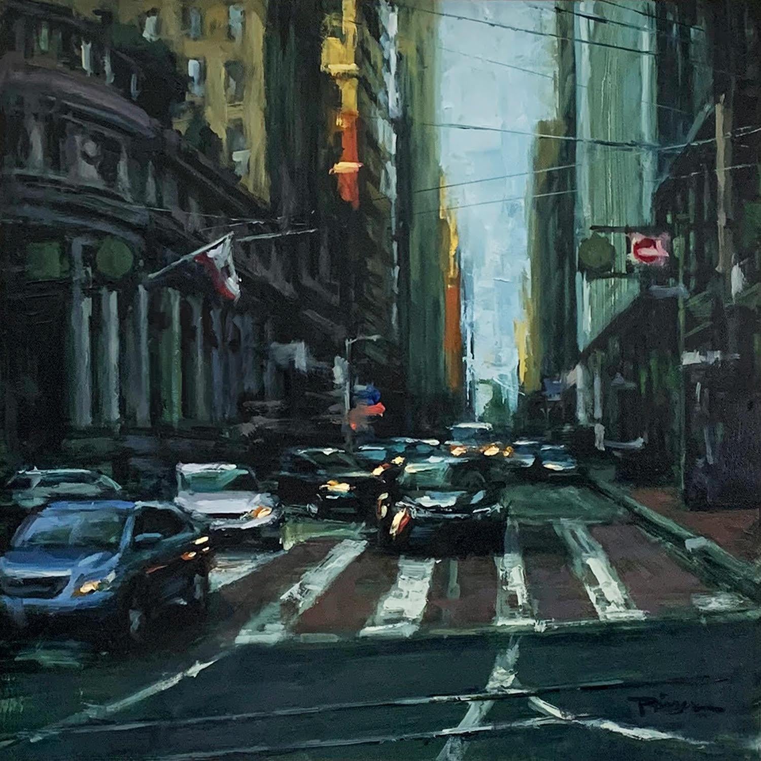 Landscape Painting Pil Ho Lee - « Montgomery Street » - Scène impressionniste contemporaine de San Francisco