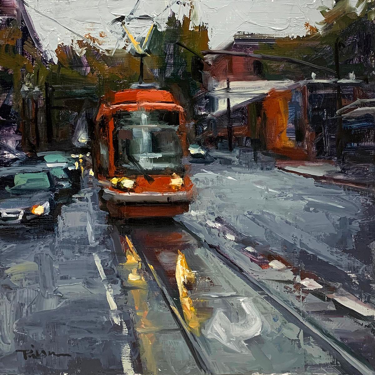 Landscape Painting Pil Ho Lee - "Portland Streetcar" - Scène impressionniste contemporaine de Portland