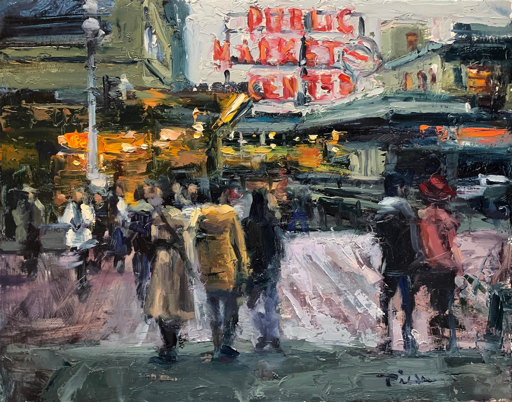 Pil Ho Lee Still-Life Painting - "Public Market" Contemporary Impressionist Oil of Seattle at Night