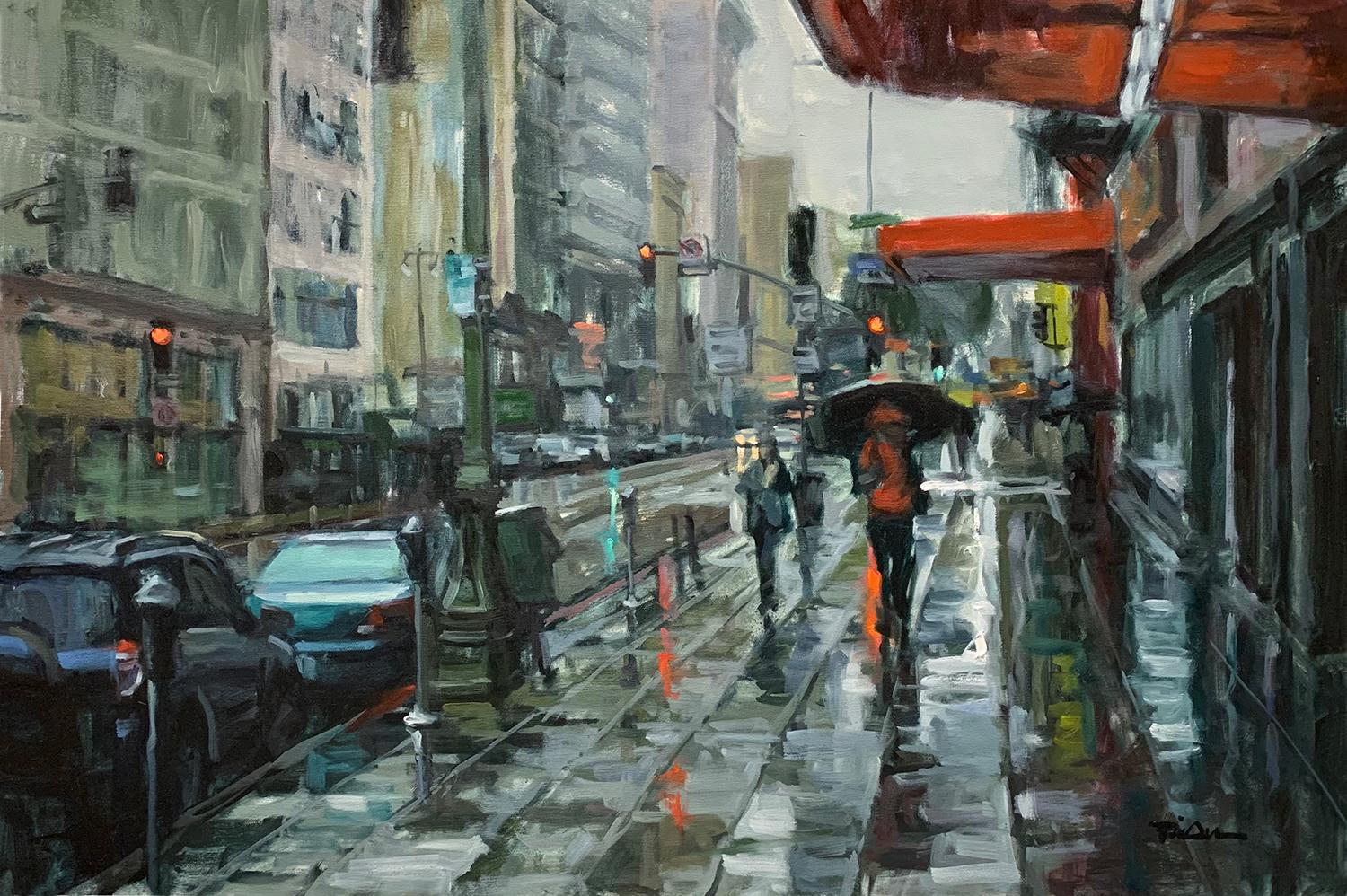Pil Ho Lee Landscape Painting - "Rain Walker" Contemporary Impressionist Scene of San Francisco
