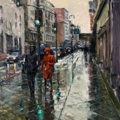 "Red Raincoat" Contemporary Impressionist Scene of San Francisco