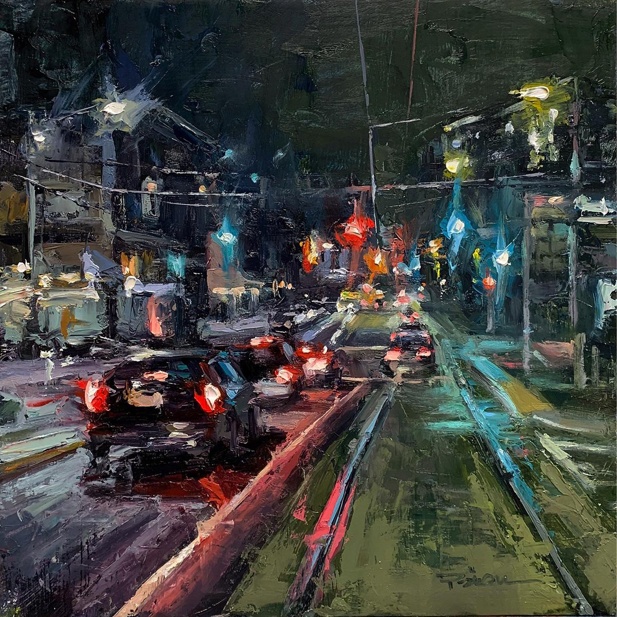 Still-Life Painting Pil Ho Lee - "Seattle Nocturne" Huile impressionniste contemporaine de Seattle la nuit