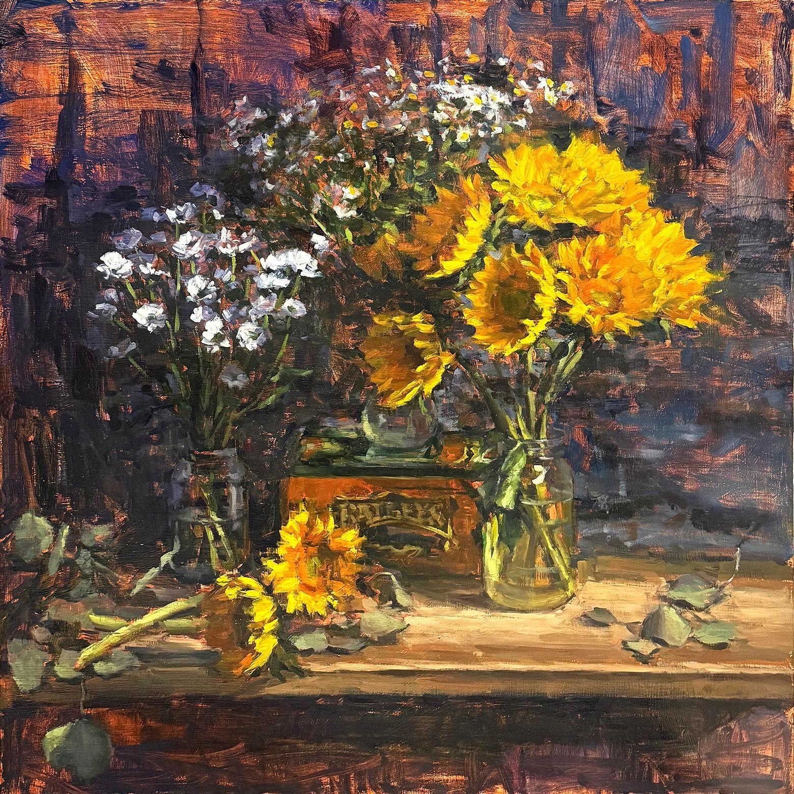 "Sunflowers and Button Poms" Bunte, moderne, impressionistische Blumen