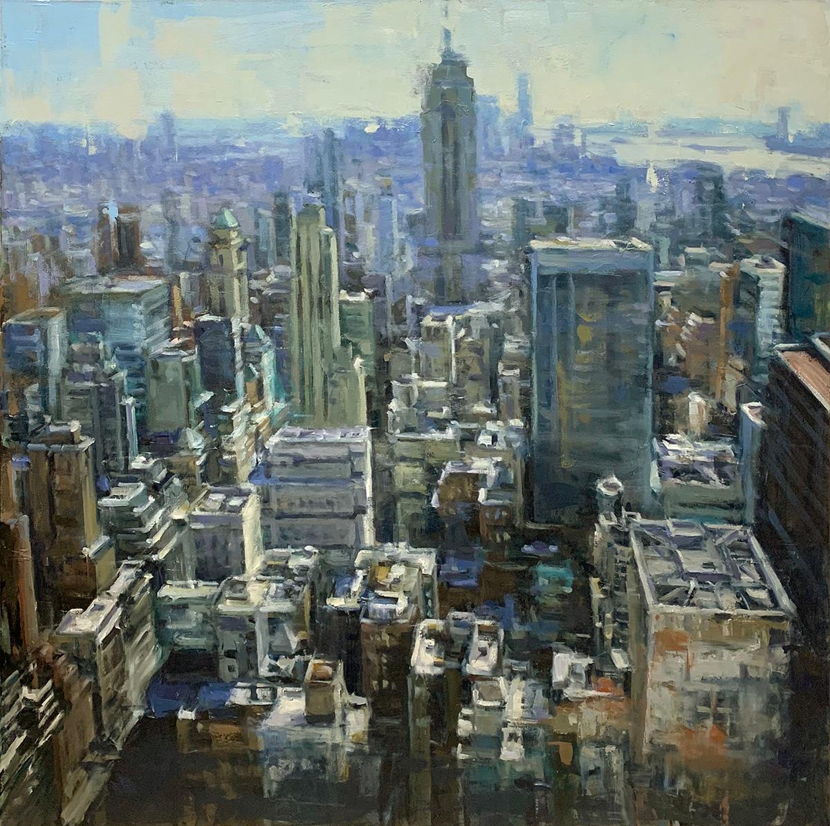 Landscape Painting Pil Ho Lee - « L'État de l'Empire »  Scène impressionniste contemporaine de la ville de New York