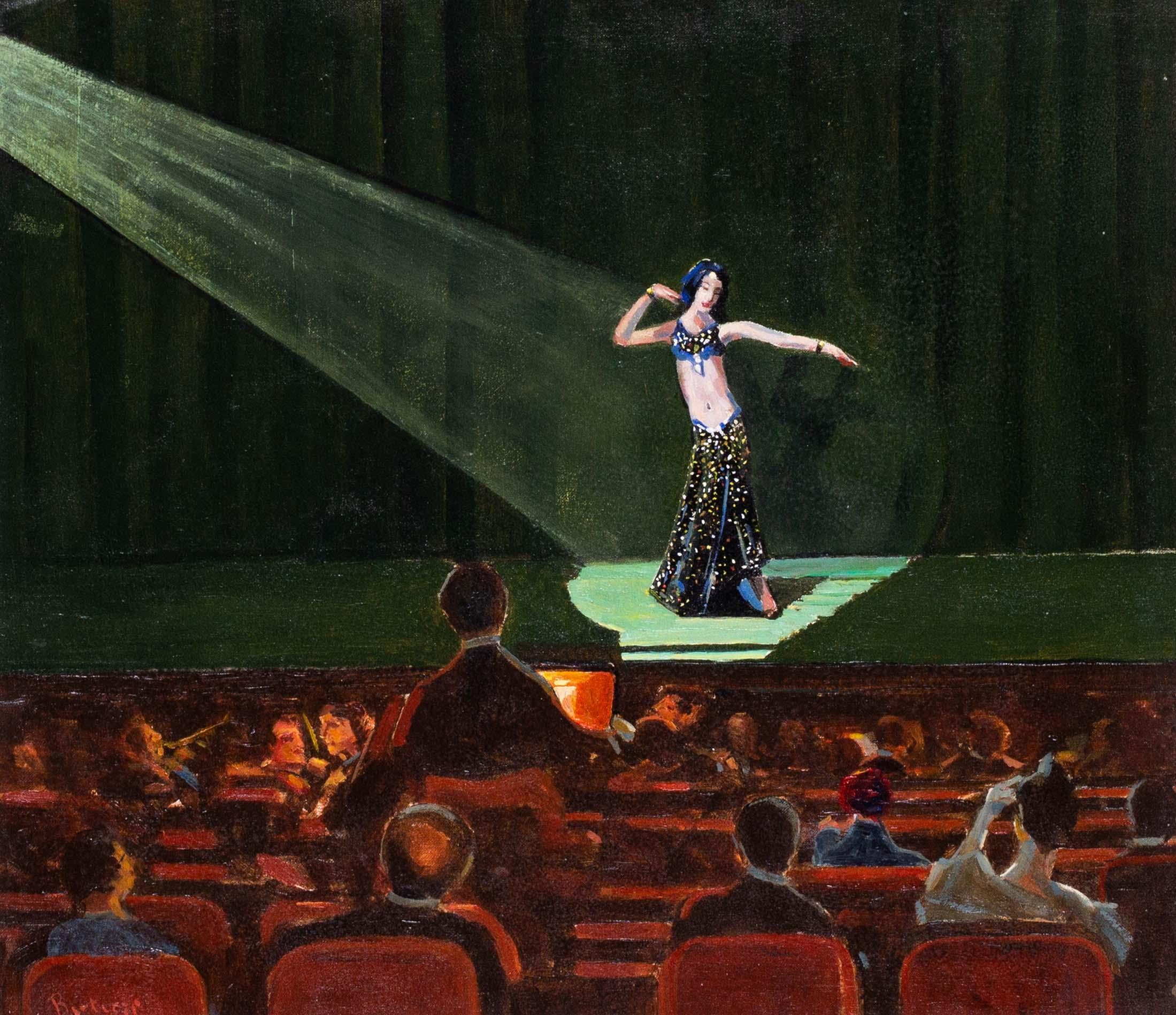 Italian, early 20th C oil painting of a belly dancer performing in a theatre - Painting by Pilade Bertieri