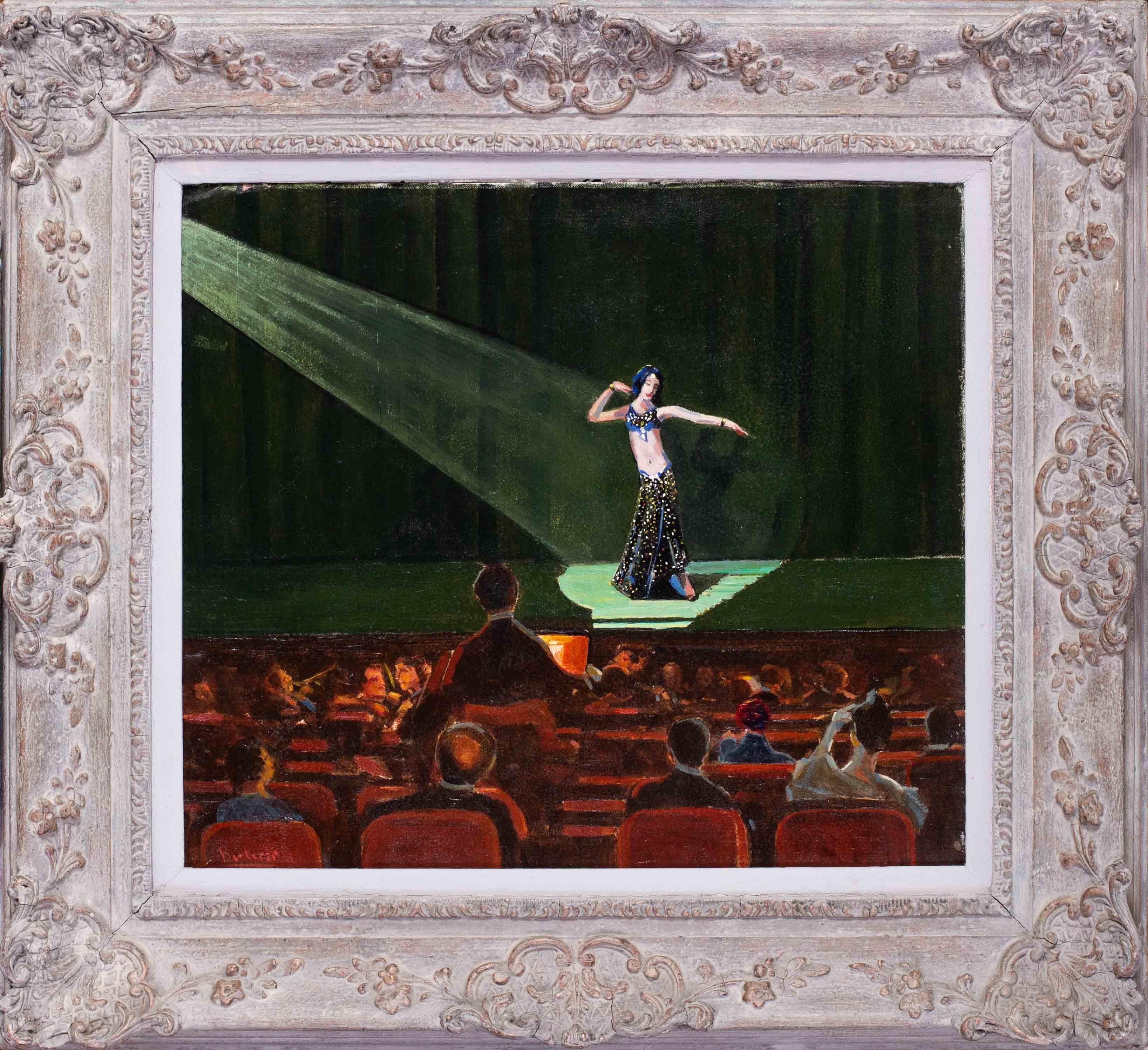 Pilade Bertieri Figurative Painting - Italian, early 20th C oil painting of a belly dancer performing in a theatre