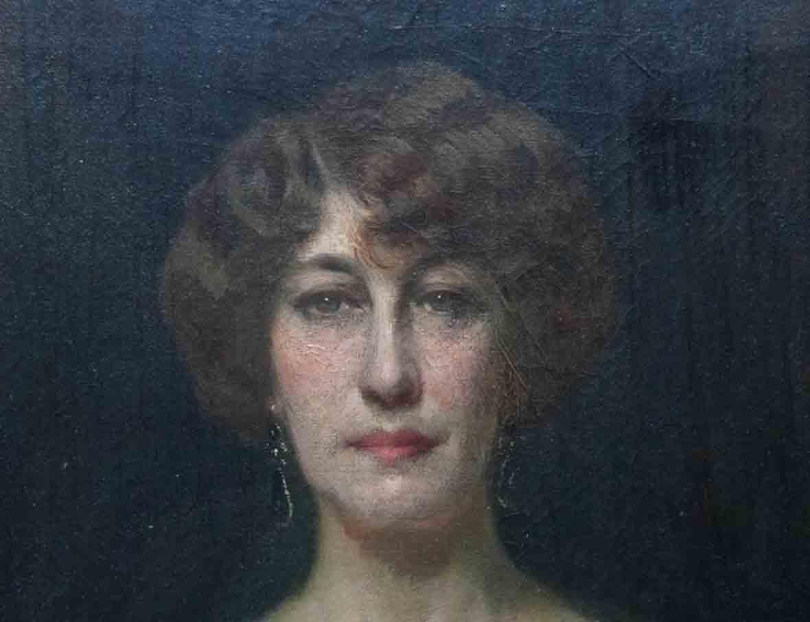 Ritratto di Emily Gertrude Muirhead - dipinto a olio d'arte britannica del 1910 - Portrait Painting Nero di Pilade Bertieri
