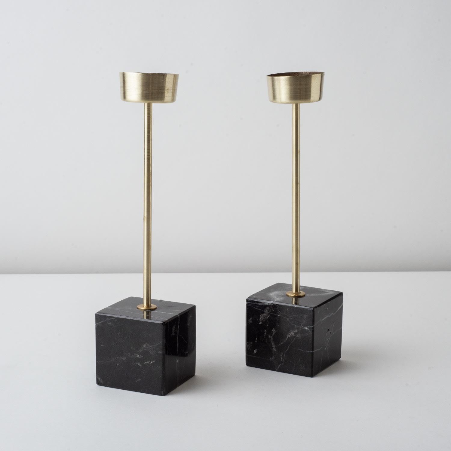 Hand-Carved Pilar Black Marble & Brass Candle Holders