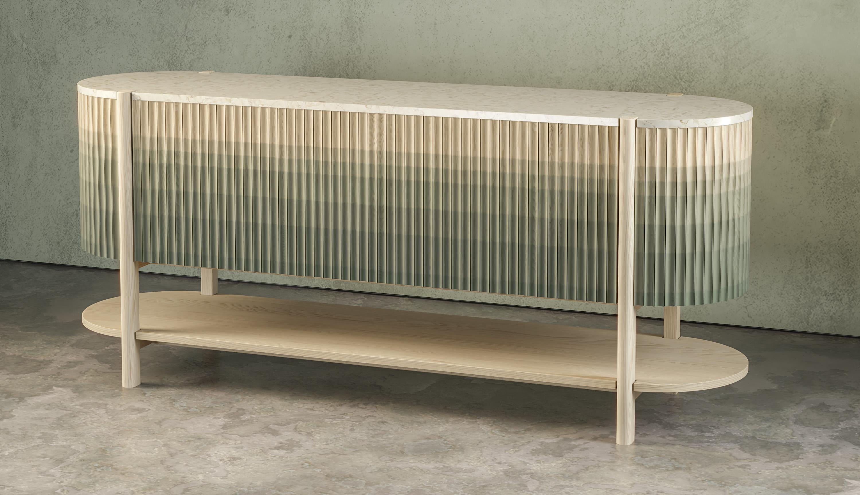 Pilar credenza by Indo Made
One of a kind
Dimensions: D 182.9, W 45.7, H76.2cm 
Materials: Maple, Crema Marfil Marble top.
Finish: Celadon green ombre.

Different dimensions available. Also available in other materials (Oak/Maple; Hardwood or