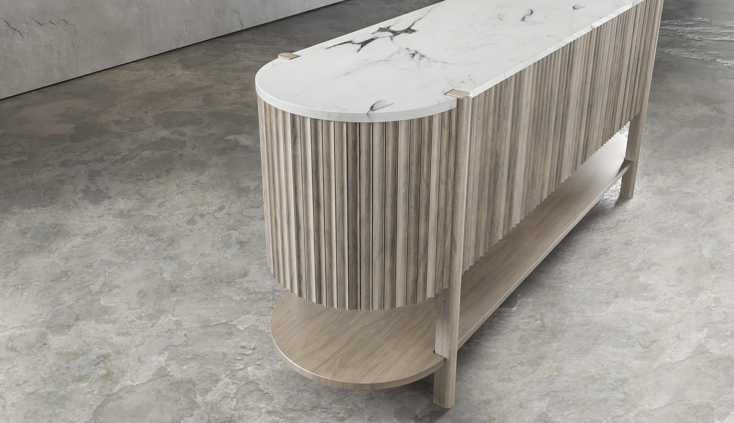 Pilar credenza by Indo Made
One of a kind
Dimensions: D 182.9, W 45.7, H76.2 cm 
Materials: Oxidized Maple, White Carrara Marble top

Different dimensions available. Also available in other materials (Oak/Maple; Hardwood or Stone top) and