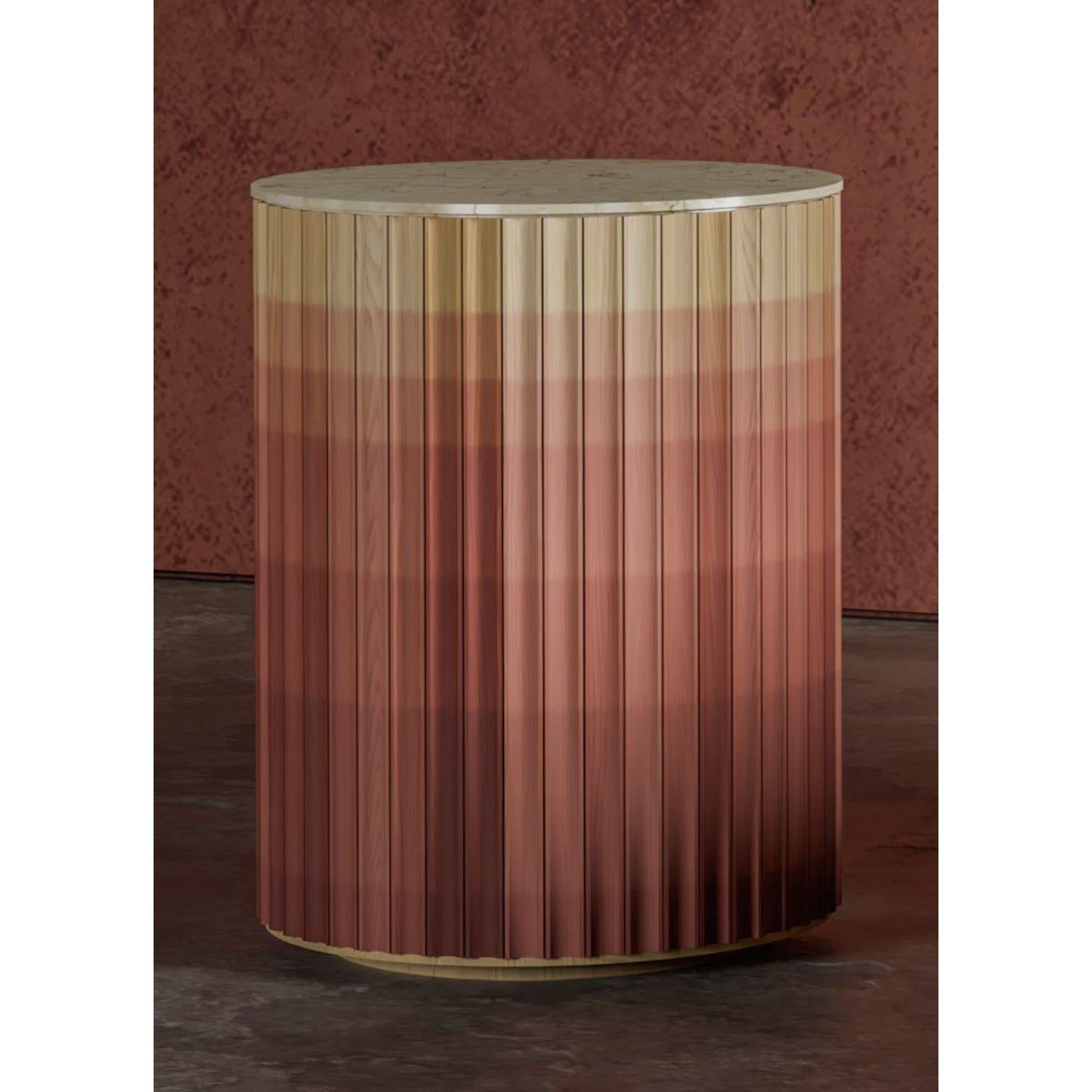 Pilar end table by Indo Made
One of a kind.
Dimensions: Ø40.6 X H53.3 cm 
Materials: Oak with ombre finish, Crema Marfil Marble top

Also available in other materials and finishes.
Each piece is carefully handcrafted by our team using natural