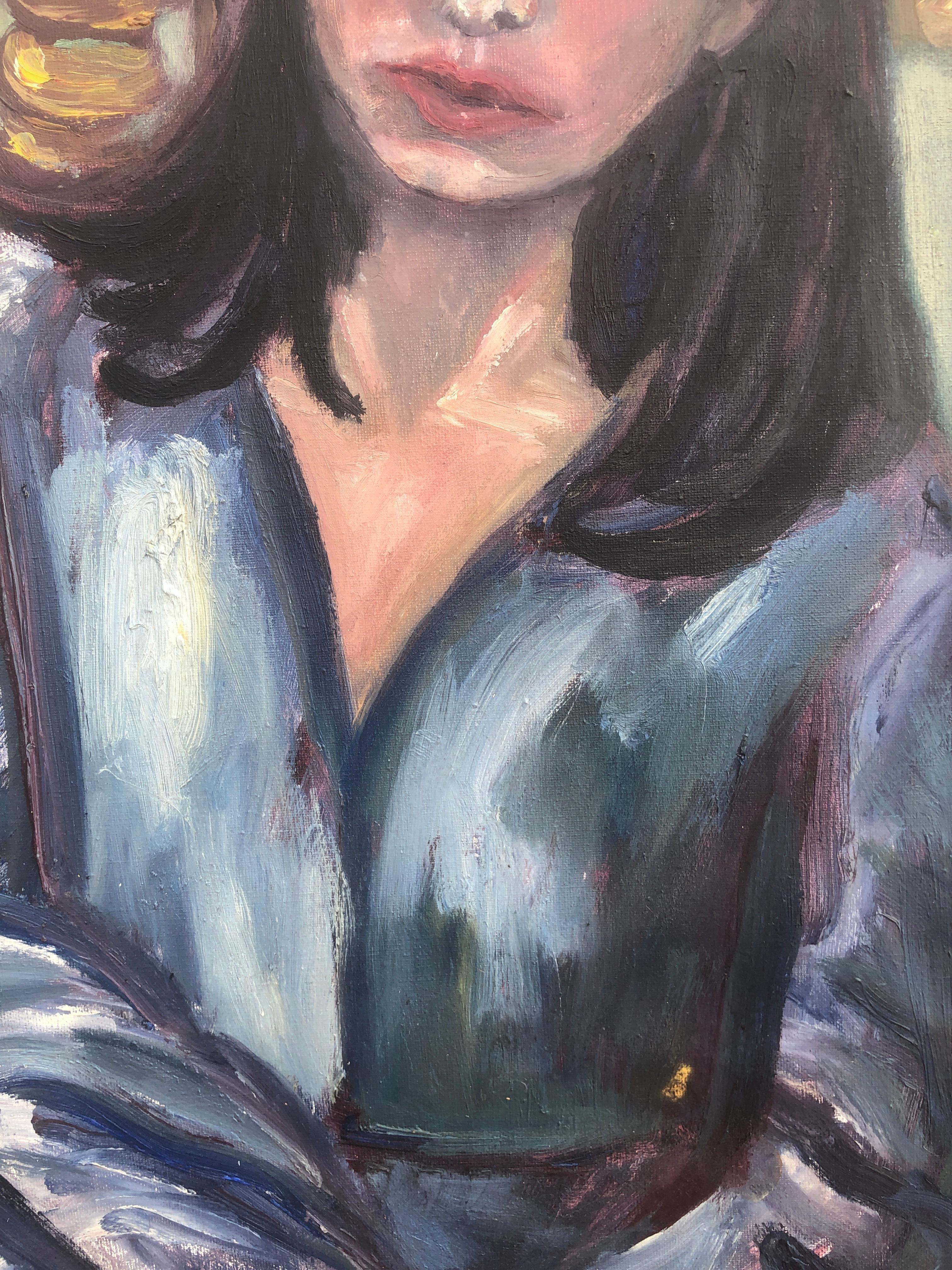 Frau in Blau, Öl auf Leinwand, Gemälde des Postimpressionismus im Angebot 2