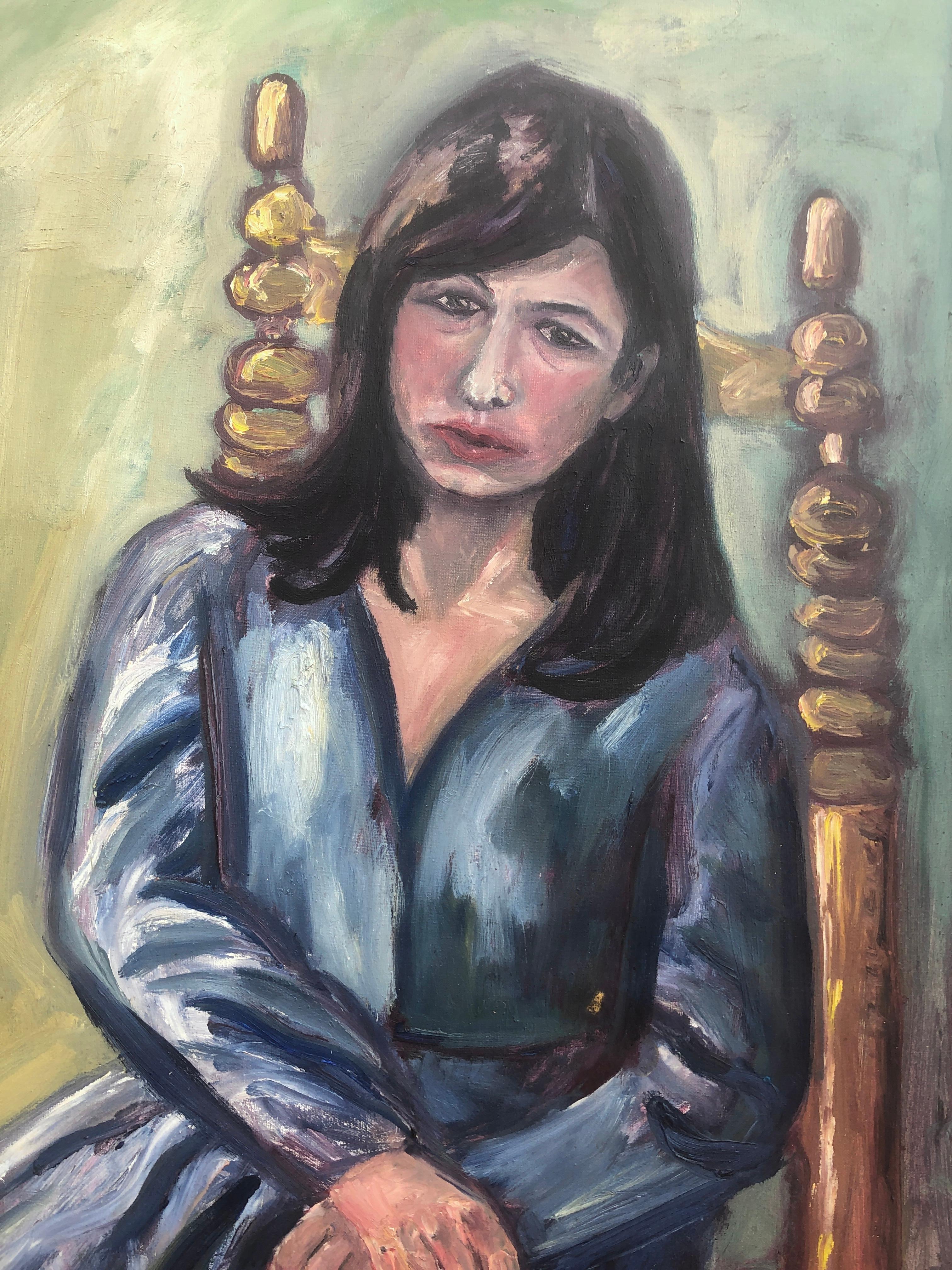Frau in Blau, Öl auf Leinwand, Gemälde des Postimpressionismus im Angebot 3