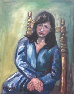 Vintage woman in blue oil on canvas painting postimpressionism