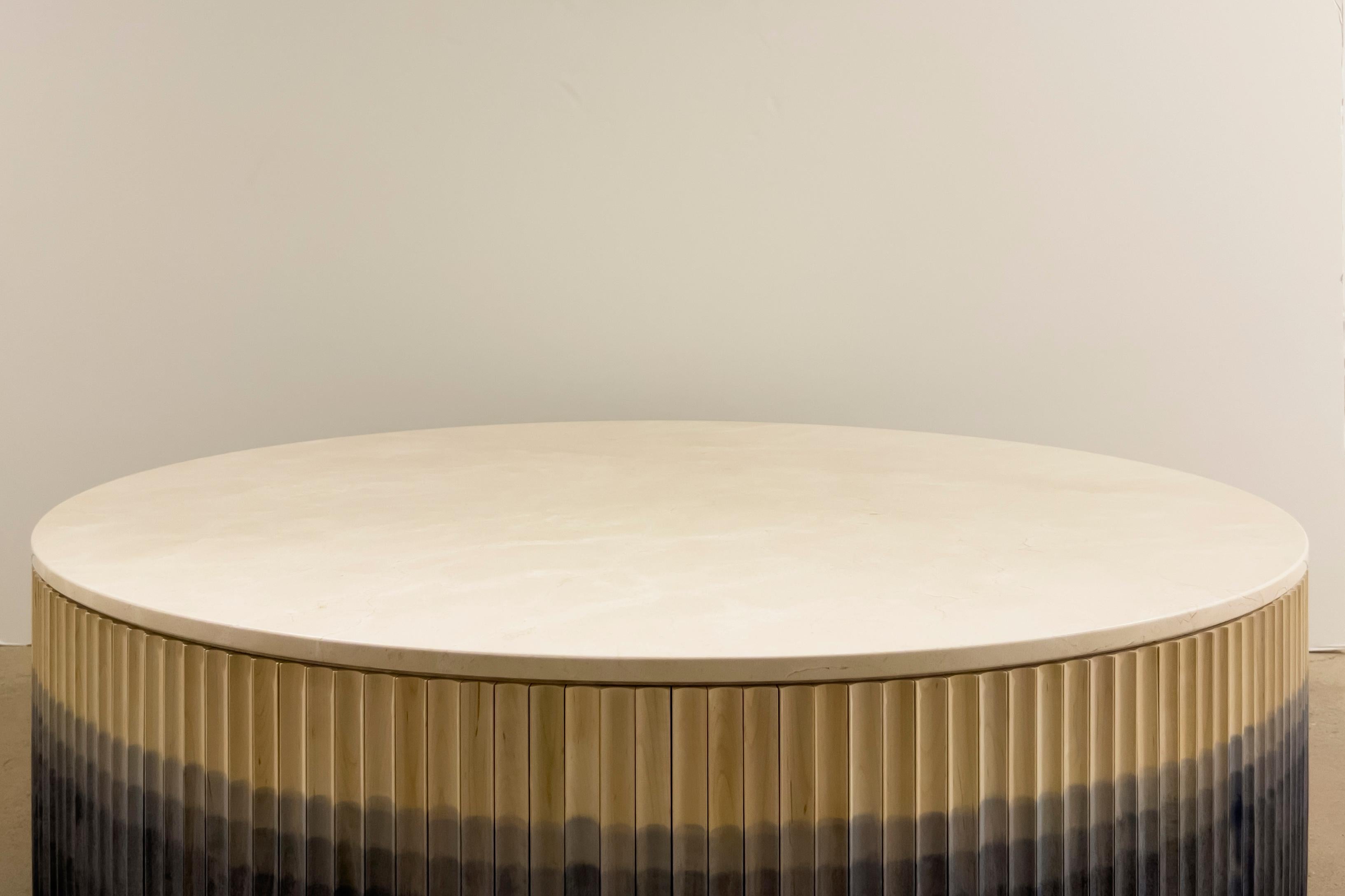 Stained Pilar Round Coffee Table Large/ Blue Ombré Maple Wood, Crema Marble Top by INDO- For Sale