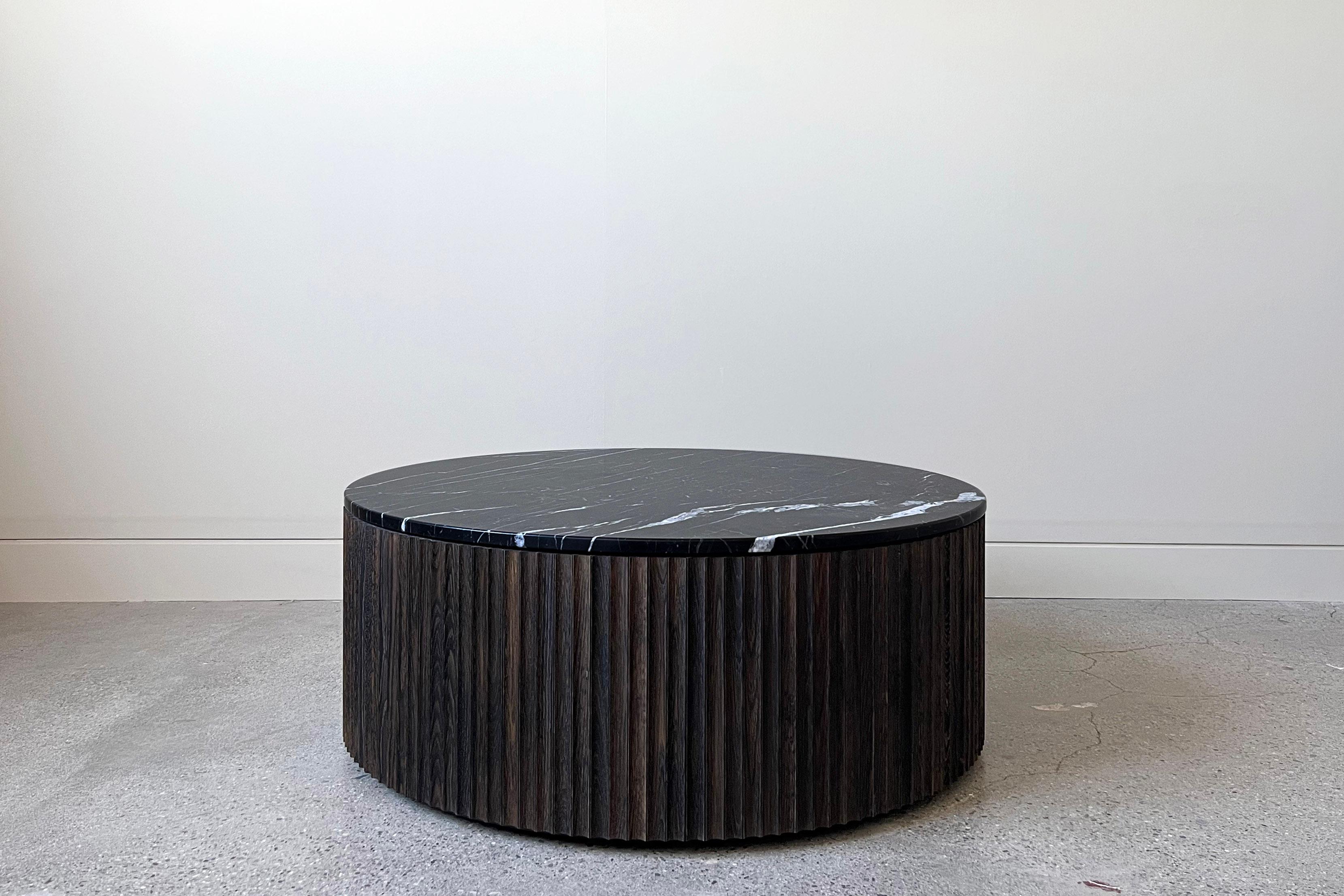 Pilar Round Coffee Table / Oxidized Oak Wood, Nero Marquina Marble Top by INDO- In New Condition For Sale In Rumford, RI