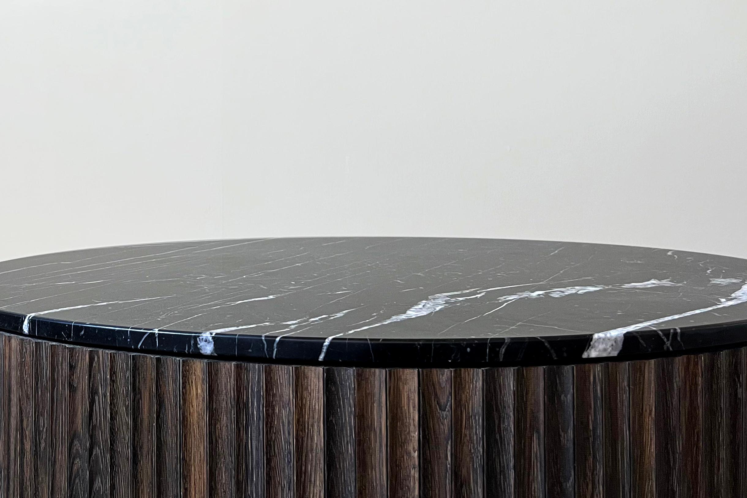 American Pilar Round Coffee Table / Oxidized Oak Wood, Nero Marquina Marble Top by INDO- For Sale